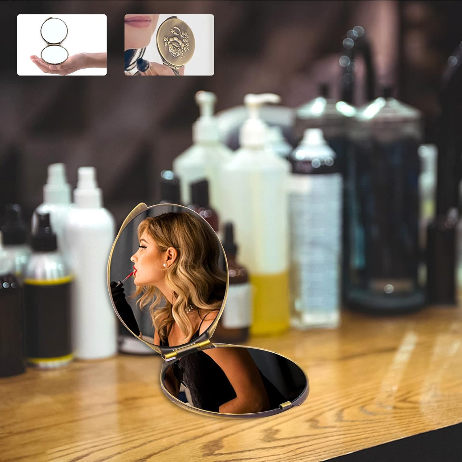 Retro Bronze Metal Compact Mirror with 1X/2X Magnification - Portable and Foldable Travel Accessory