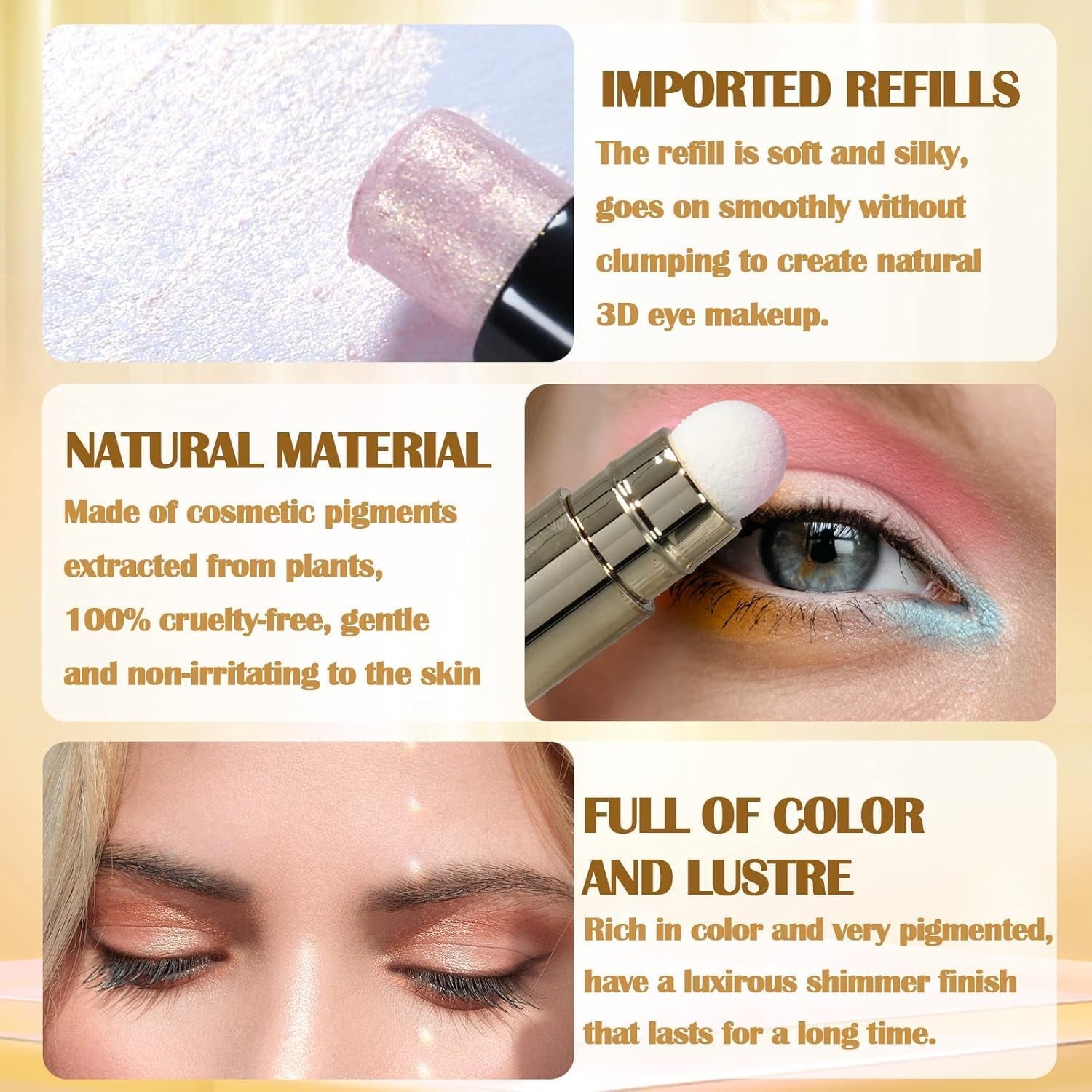 Dual-End Shimmer Eyeshadow Stick with Soft Brush - Waterproof and Long-Lasting Pearl Eyeshadow Pencil in Light Gold Shimmer (02)