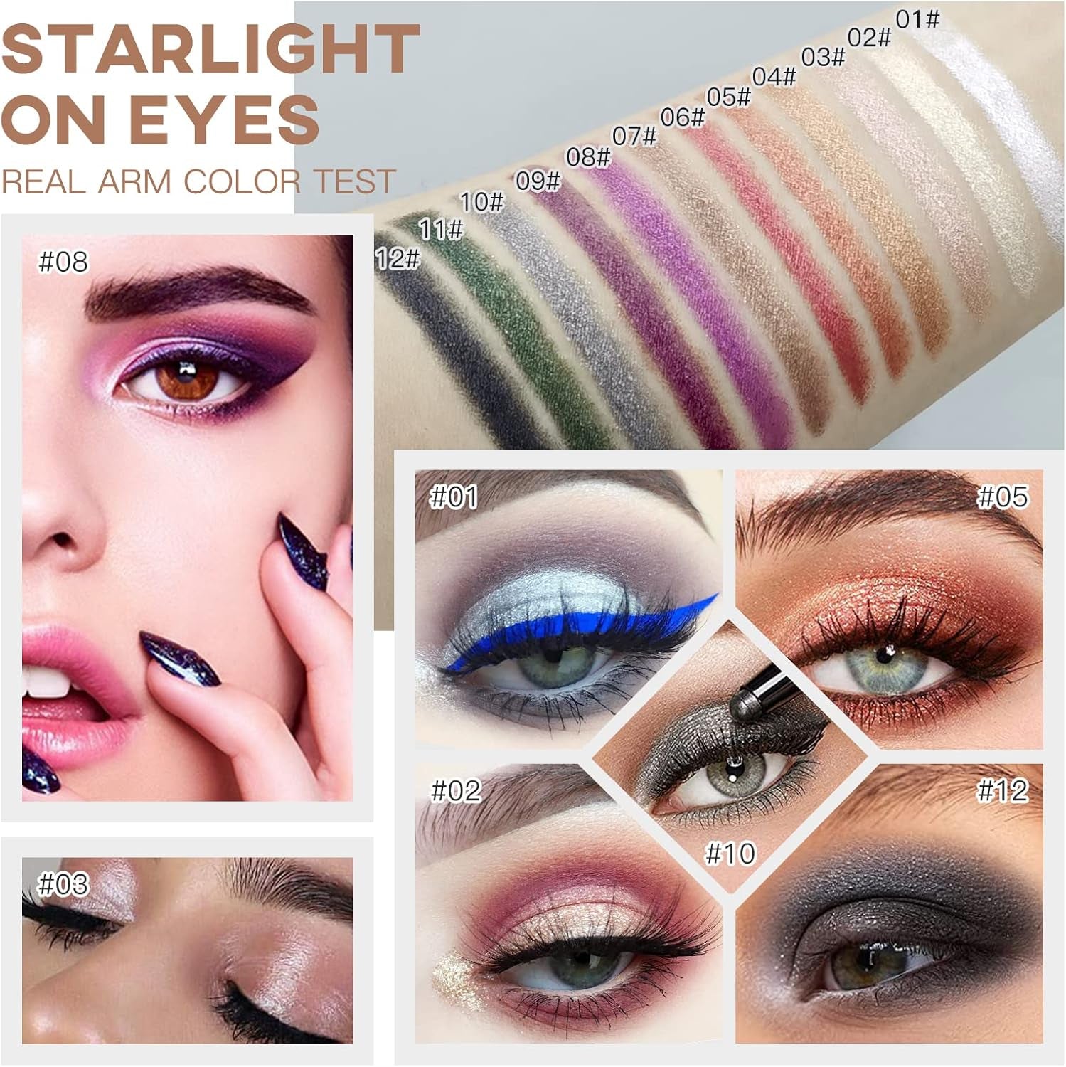 Eye Brightening Cream Eyeshadow Stick with Glitter Shimmer and Soft Brush Applicator (01# Pearl White Shimmer)