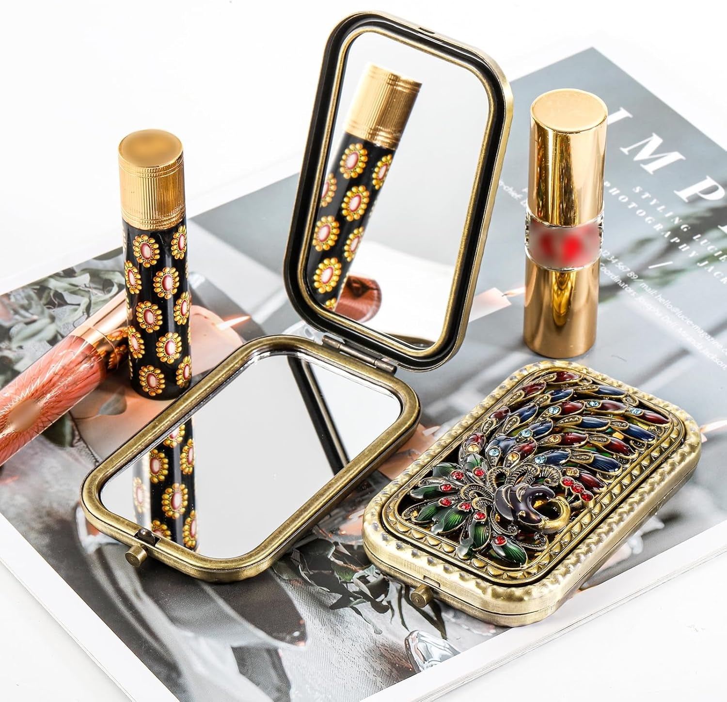 Set of 2 Vintage Foldable Makeup Mirrors - Portable Double-Sided Butterfly Peacock Vanity Mirror - Compact Metal Travel Mirror for Women and Girls