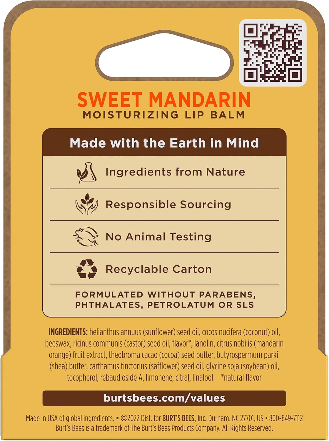 Natural Origin Moisturizing Lip Balm with Sweet Mandarin, 4.25g Tube