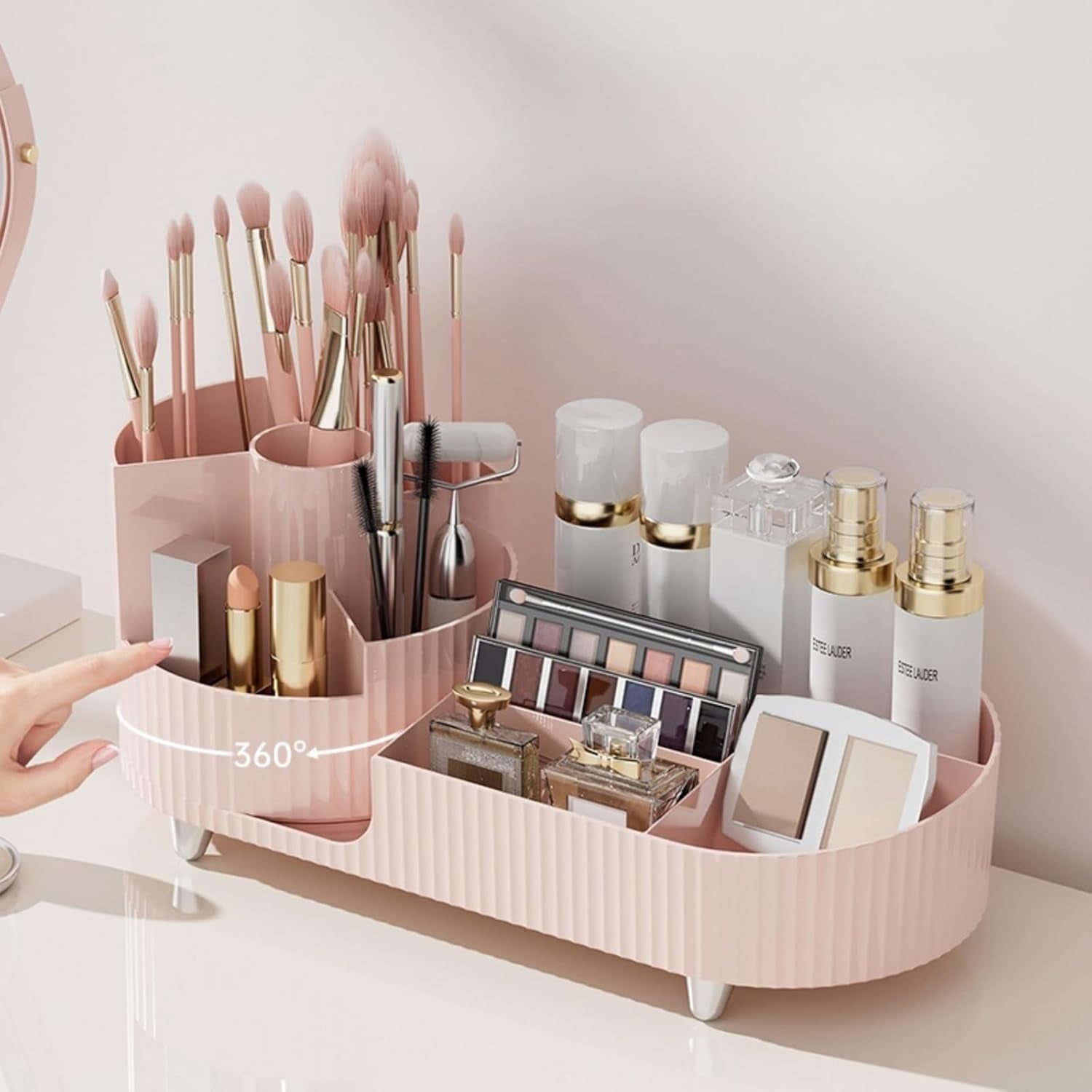 Large Capacity Rotating Makeup Organizer - Elegant Cosmetic Display Case for Makeup Brushes, Lipsticks, and Skincare Products (Pink)