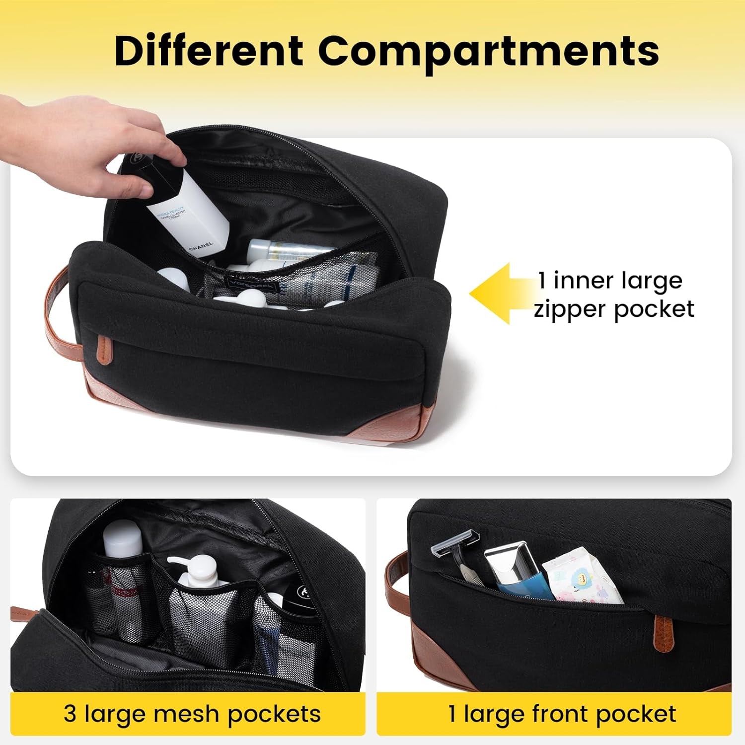 Hanging Travel Toiletry Bag for Men - Water-Resistant Canvas Shaving Kit, Large, Black