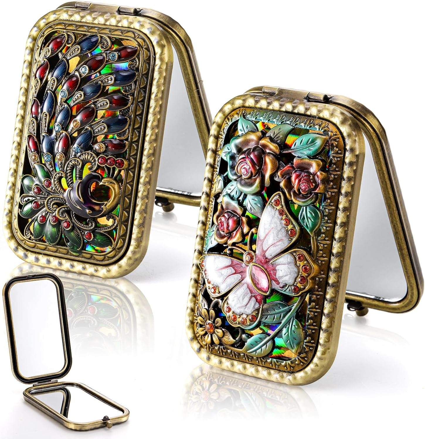 Set of 2 Vintage Foldable Makeup Mirrors - Portable Double-Sided Butterfly Peacock Vanity Mirror - Compact Metal Travel Mirror for Women and Girls
