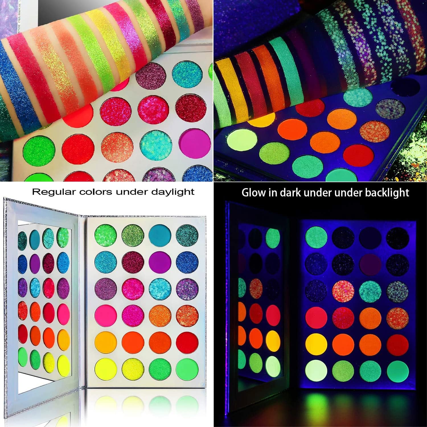 Neon Glow Eyeshadow Palette - Highly Pigmented UV Blacklight Eye Shadow Collection with Pressed Glitter in Red, Orange, and Pink