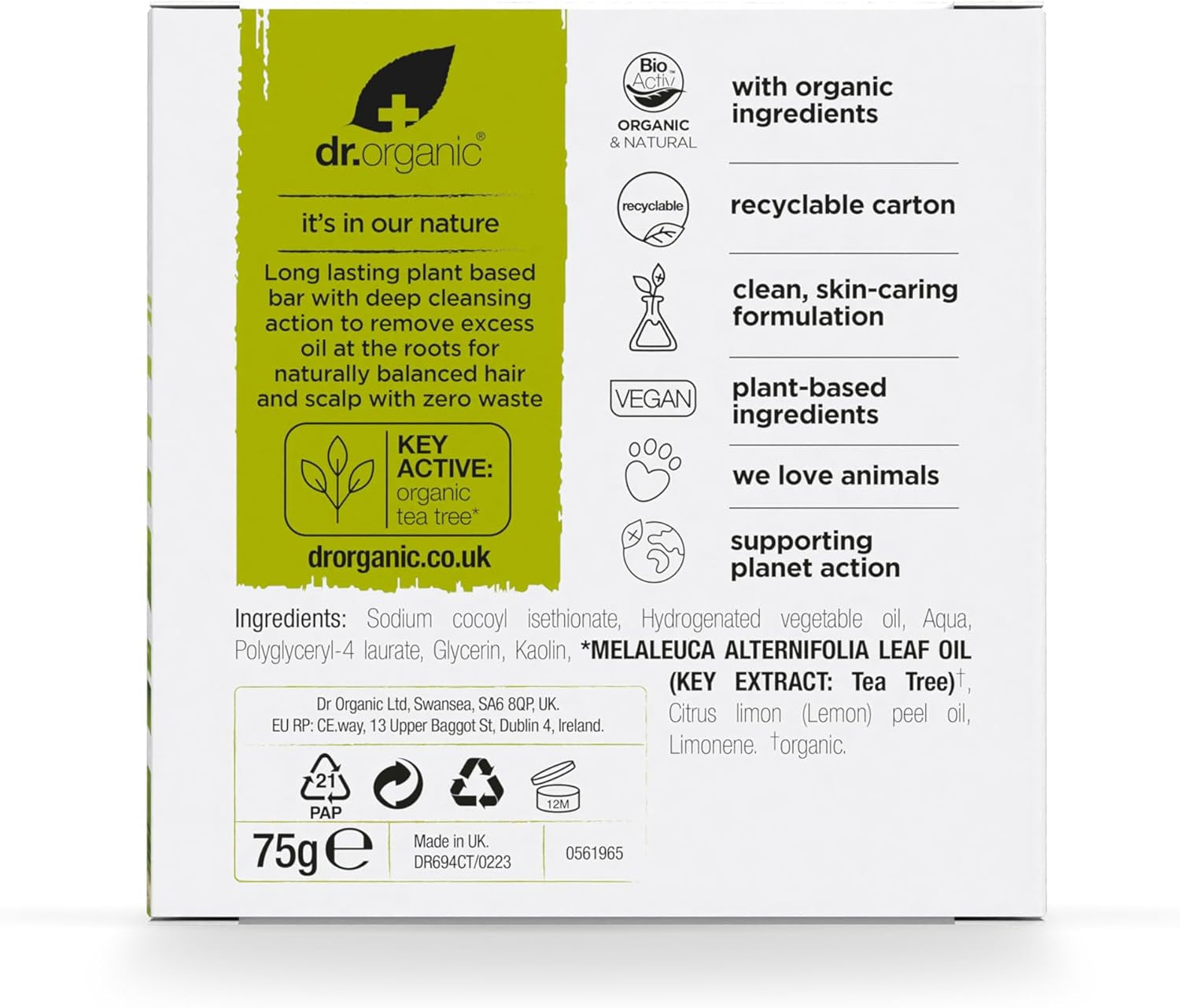 Dr Organic Tea Tree & Lemon Shampoo Bar - Purifying Formula for Oily Roots and Scalps, Plastic-Free, Natural, Vegan, Cruelty-Free, Paraben and SLS-Free, Organic, 75g