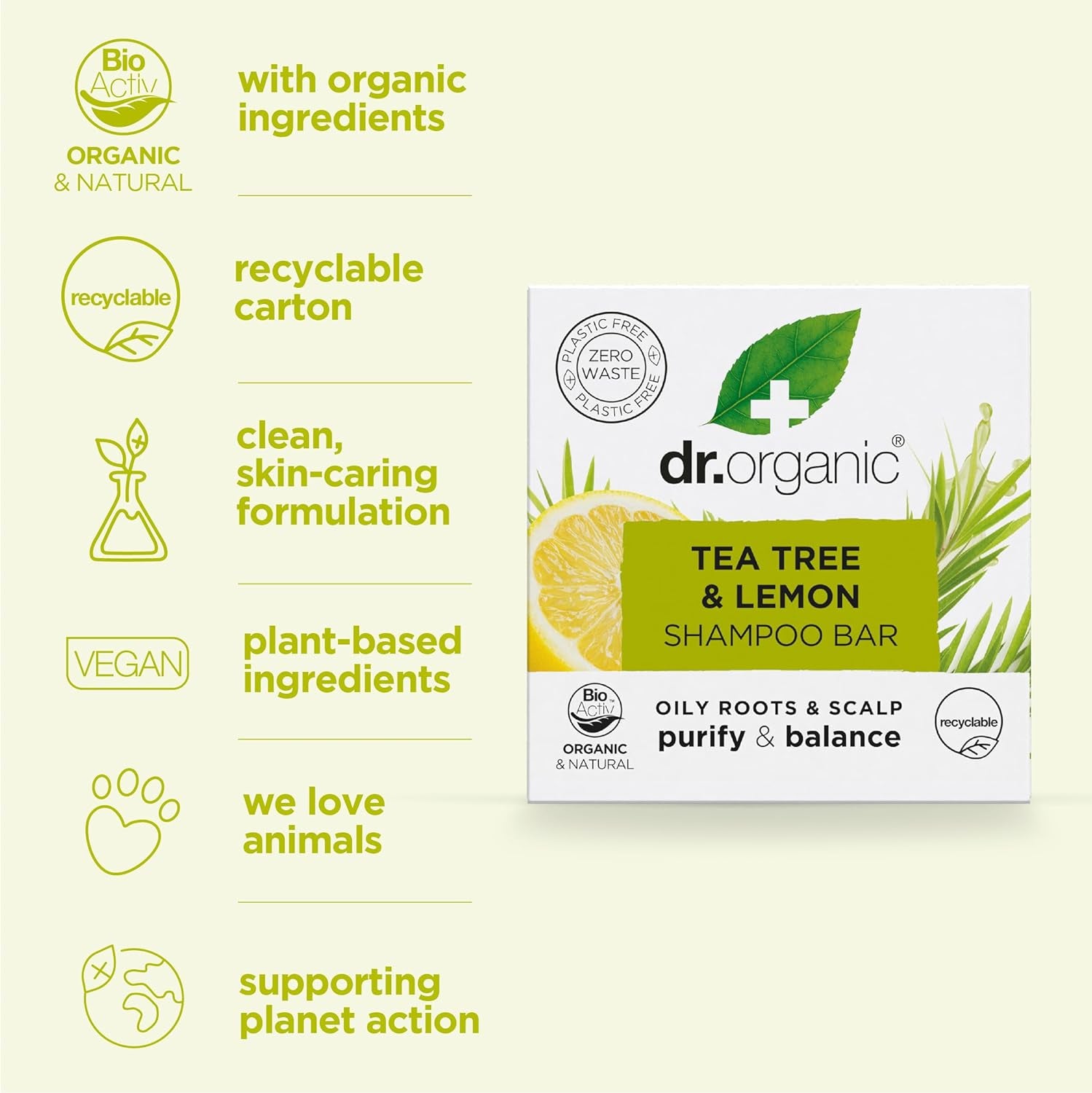 Dr Organic Tea Tree & Lemon Shampoo Bar - Purifying Formula for Oily Roots and Scalps, Plastic-Free, Natural, Vegan, Cruelty-Free, Paraben and SLS-Free, Organic, 75g