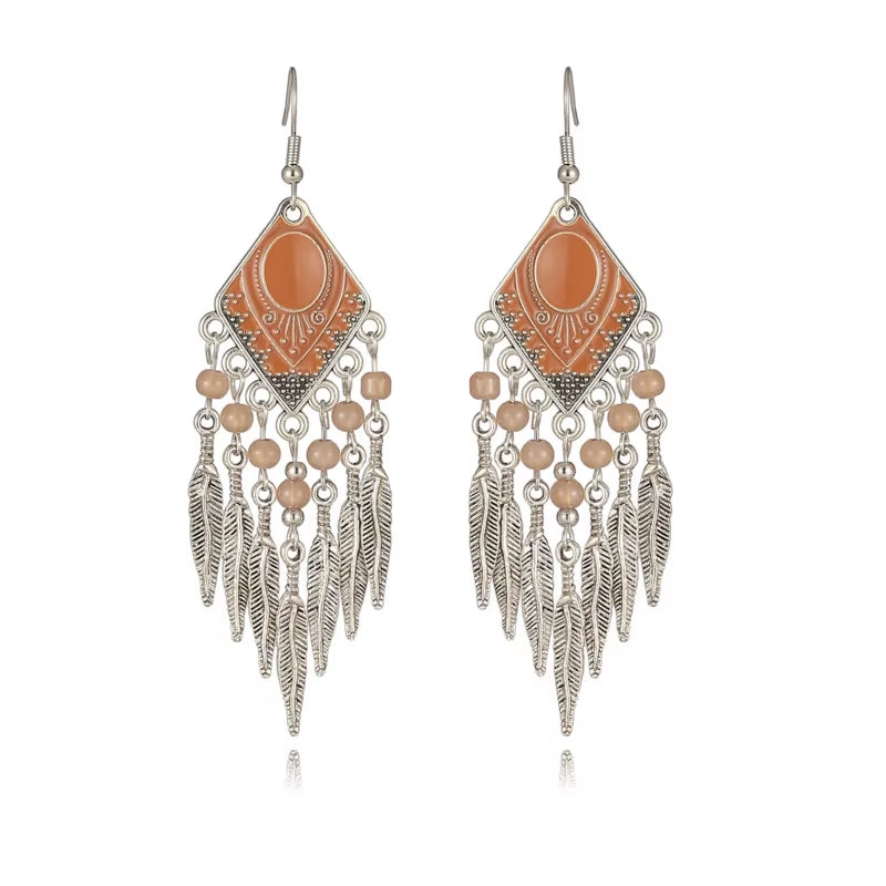 Vintage Ethnic Crystal Drop Oil Dangle Earrings for Women Retro Rhombus Leaf Tassel Earrings Female Vacation Style Jewelry