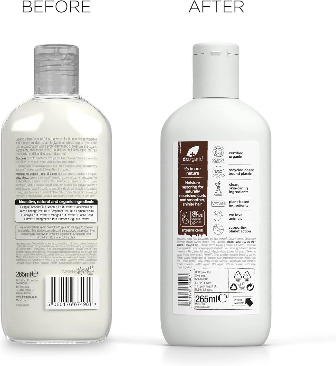 Dr Organic Coconut Oil Conditioner for Normal and Dry Hair, Hydrating Formula, Unisex, Natural, Vegan, Cruelty-Free, Paraben and SLS-Free, Organic, 265ml, Packaging May Vary