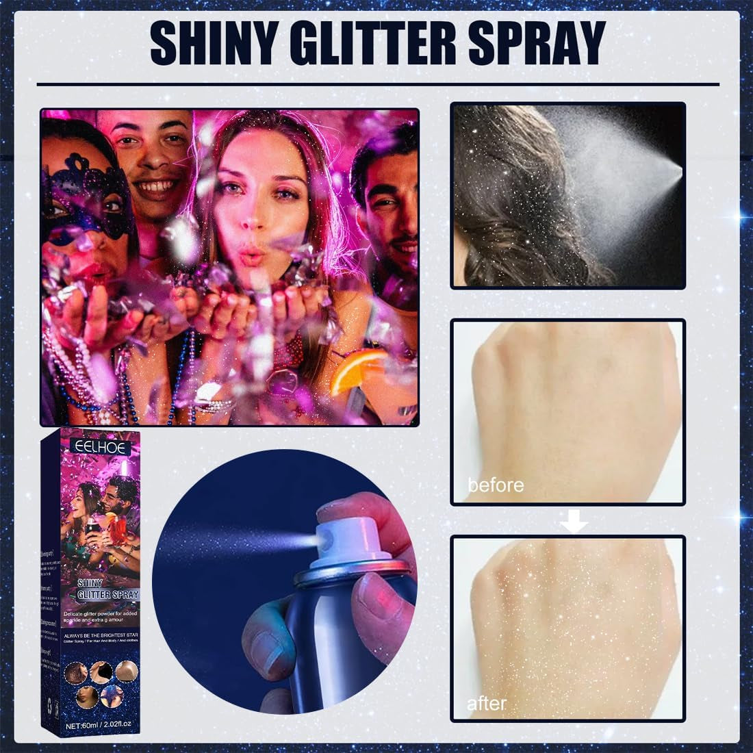 Body Glitter Spray - Glitter Spray 60 Ml Glitter Hair Spray for Hair, Skin, Face & Clothing - Quick Drying for Halloween, Carnival & Birthdays (All over Shine)