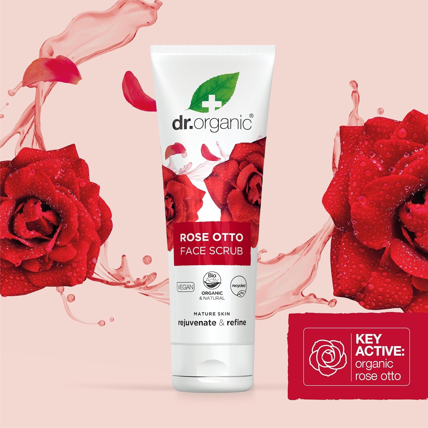 Dr Organic Rose Otto Exfoliating Face Scrub for Mature Skin, Unisex, Natural, Vegetarian, Cruelty-Free, Paraben & SLS-Free, Organic, 125ml, Eco-Friendly Packaging