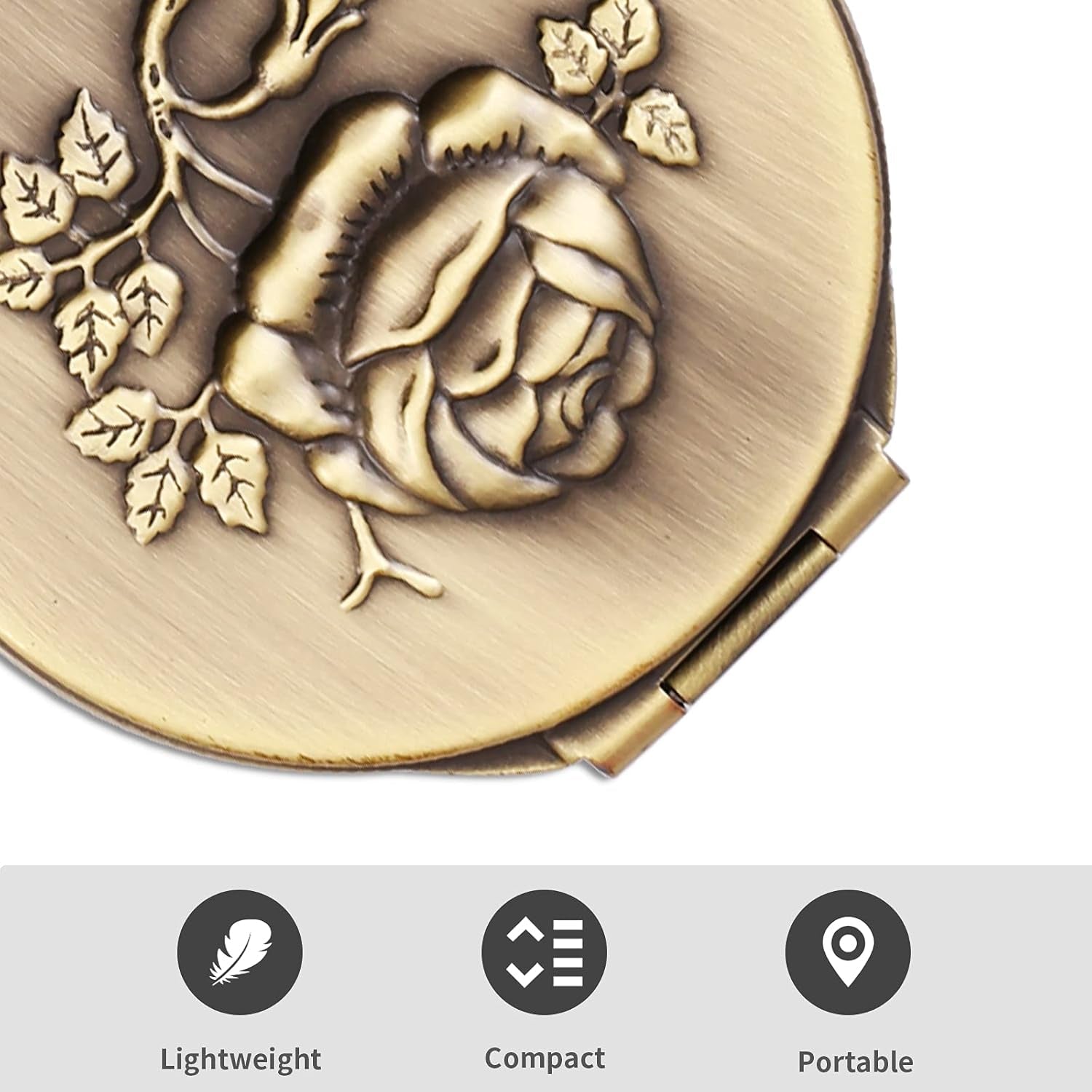 Retro Bronze Metal Compact Mirror with 1X/2X Magnification - Portable and Foldable Travel Accessory