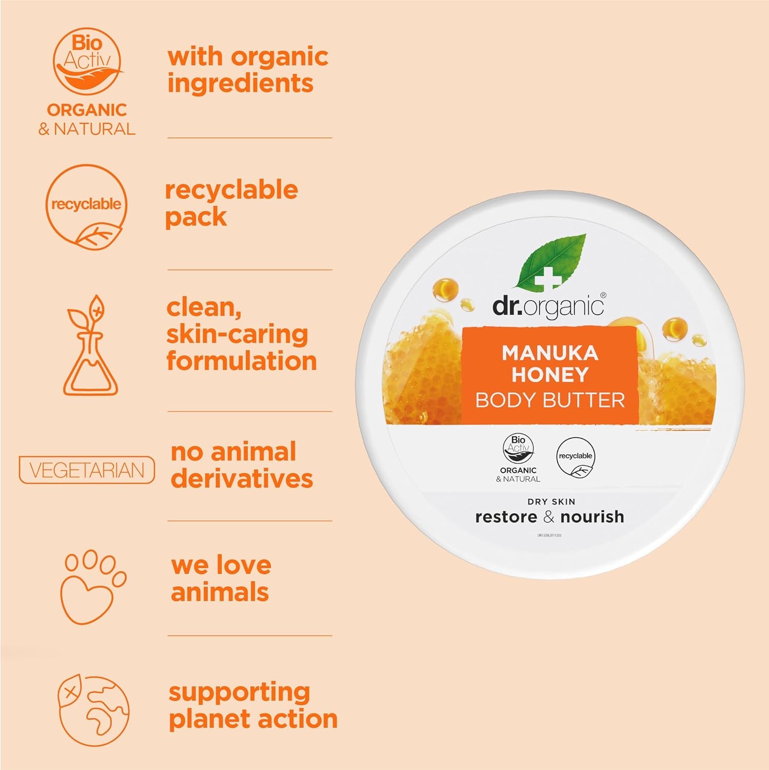 Dr. Organic Manuka Honey Body Butter - Moisturizing Formula for Dry Skin, Suitable for Men and Women, Natural, Vegetarian, Cruelty-Free, Paraben and SLS-Free, Organic, 200ml