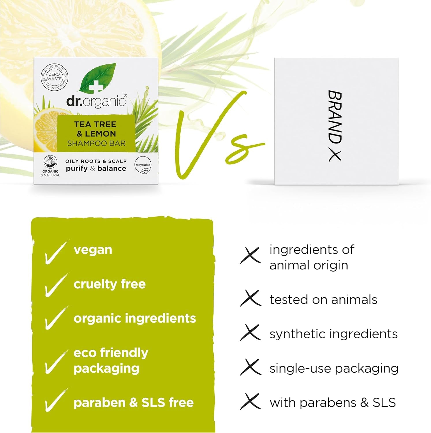 Dr Organic Tea Tree & Lemon Shampoo Bar - Purifying Formula for Oily Roots and Scalps, Plastic-Free, Natural, Vegan, Cruelty-Free, Paraben and SLS-Free, Organic, 75g