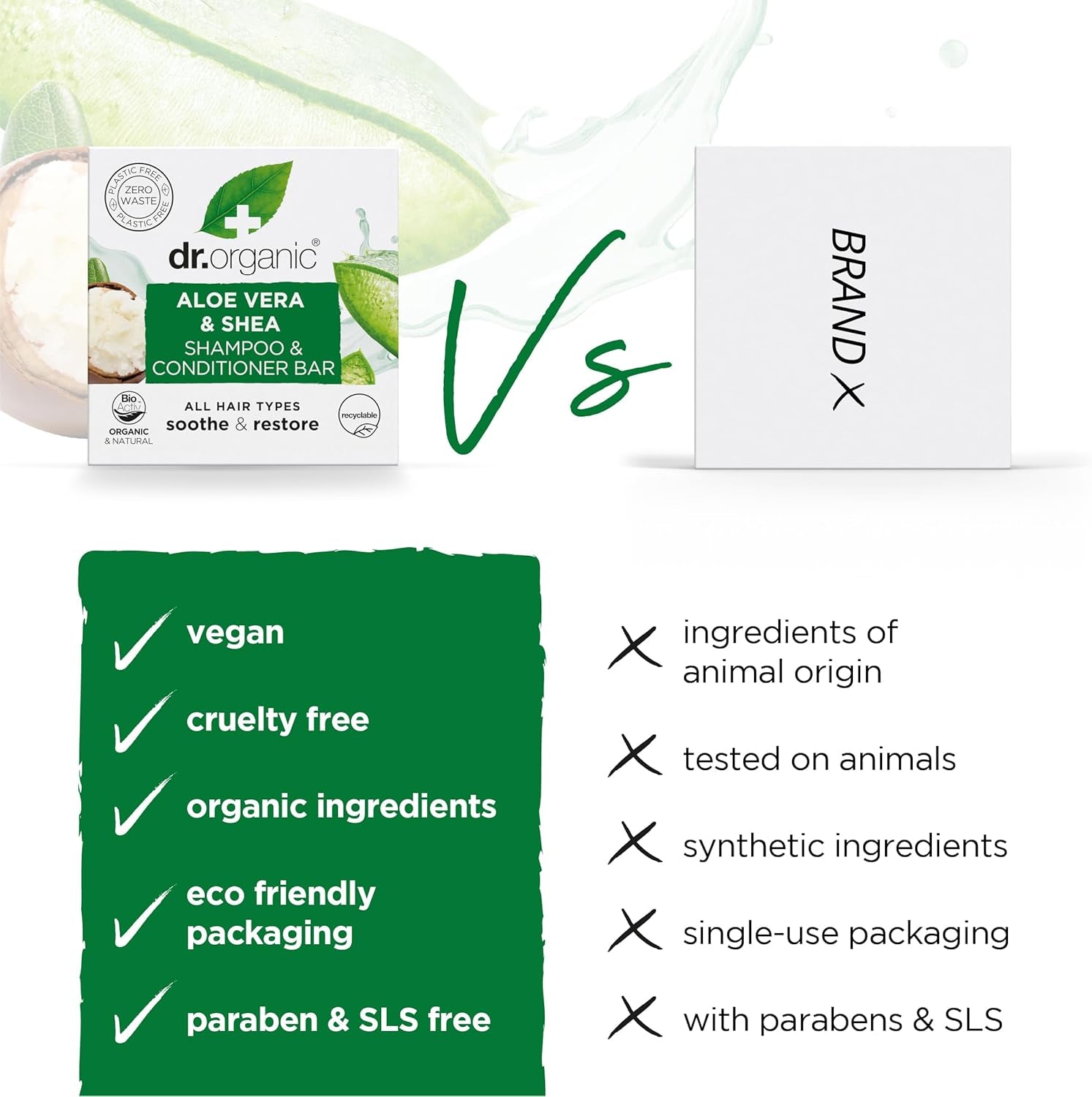 Dr. Organic Aloe Vera & Shea Shampoo and Conditioner Bar - Nourishing for Curly and Thick Hair, Plastic-Free, Natural, Vegan, Cruelty-Free, Paraben and SLS-Free, Organic, 75g