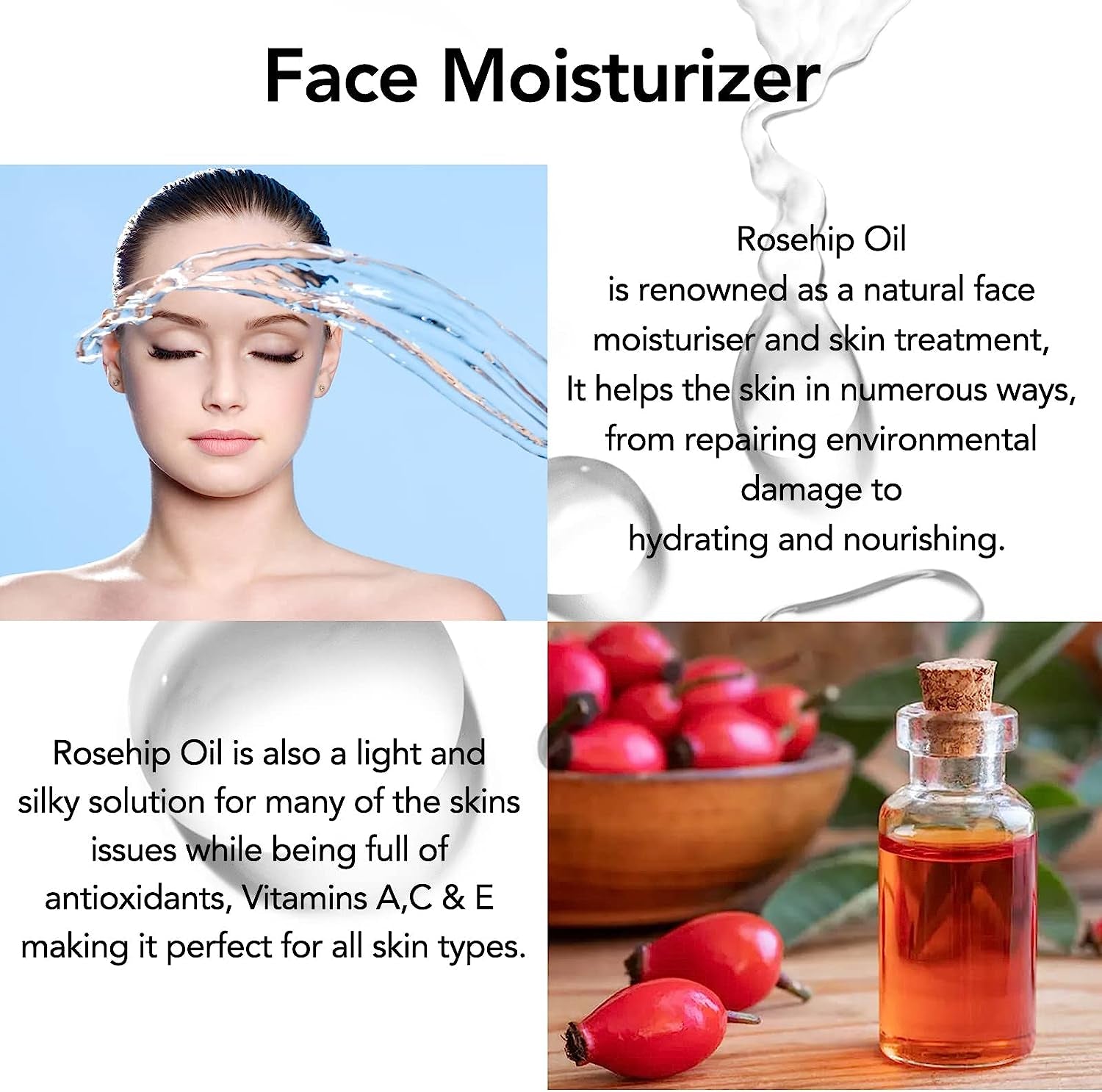 Organic Rosehip Oil for Face (2.02 Fl. Oz) - 100% Pure Cold Pressed Rosehip Seed Oil, Anti-Aging Moisturizer, Skin and Nail Treatment, Nourishing Hair Care