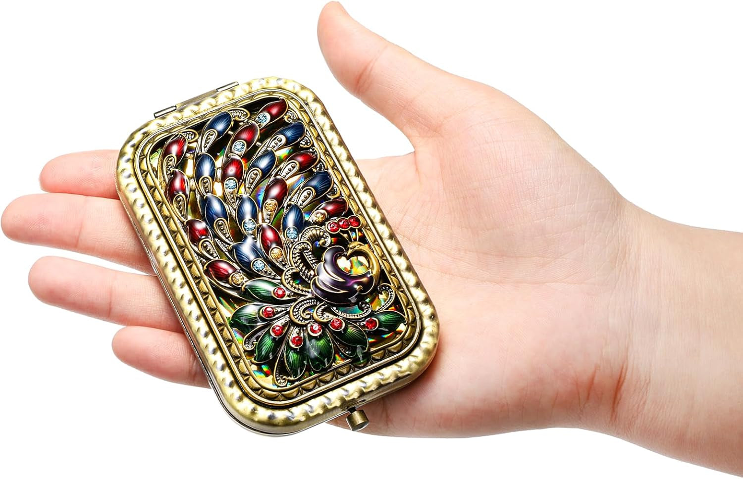 Set of 2 Vintage Foldable Makeup Mirrors - Portable Double-Sided Butterfly Peacock Vanity Mirror - Compact Metal Travel Mirror for Women and Girls