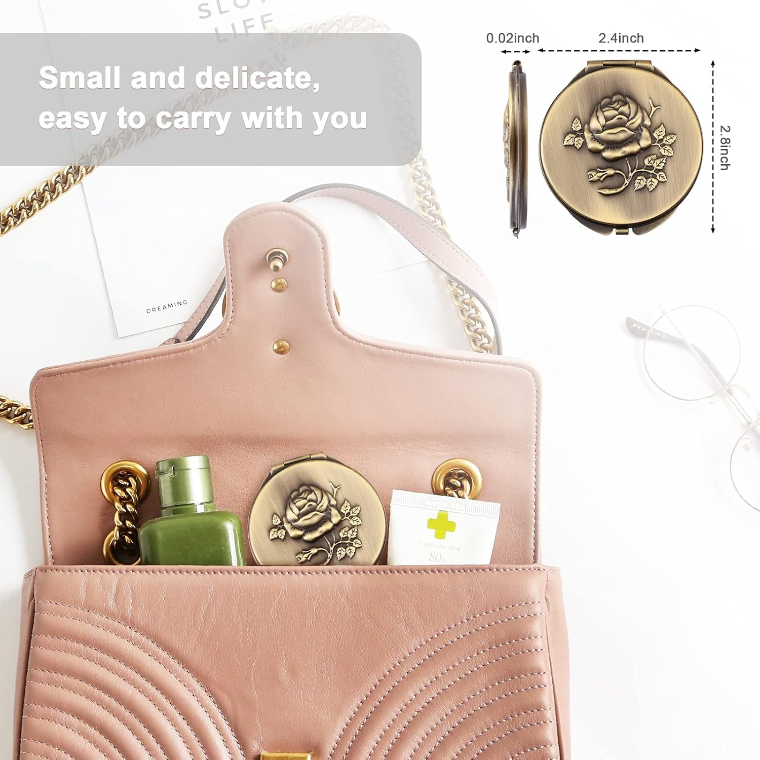 Retro Bronze Metal Compact Mirror with 1X/2X Magnification - Portable and Foldable Travel Accessory
