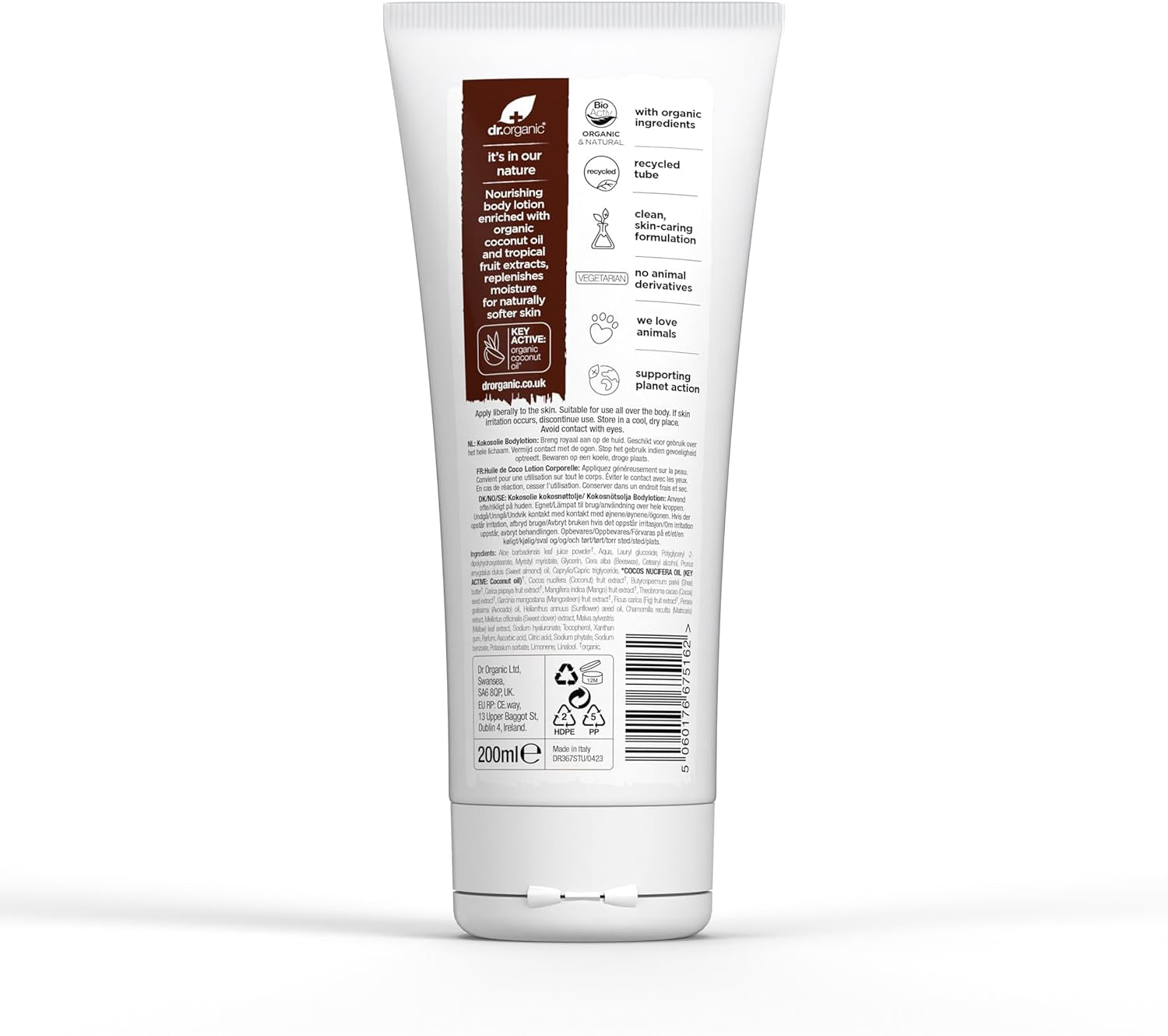 Dr Organic Coconut Oil Moisturizing Lotion for Dry Skin - Unisex, Natural, Vegetarian, Cruelty-Free, Paraben & SLS-Free, Organic, 200ml