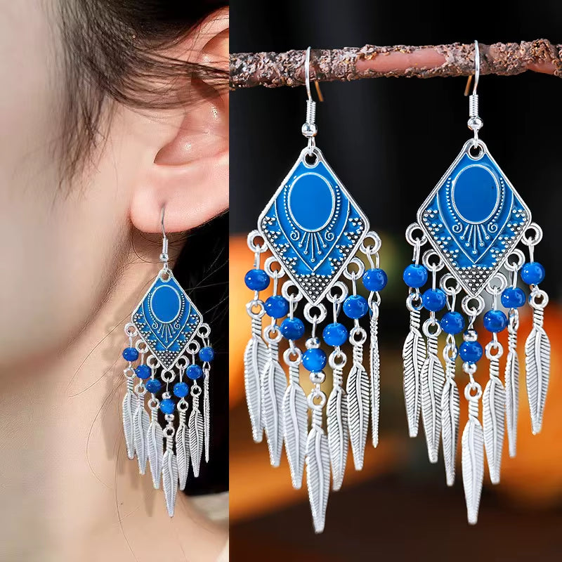 Vintage Ethnic Crystal Drop Oil Dangle Earrings for Women Retro Rhombus Leaf Tassel Earrings Female Vacation Style Jewelry