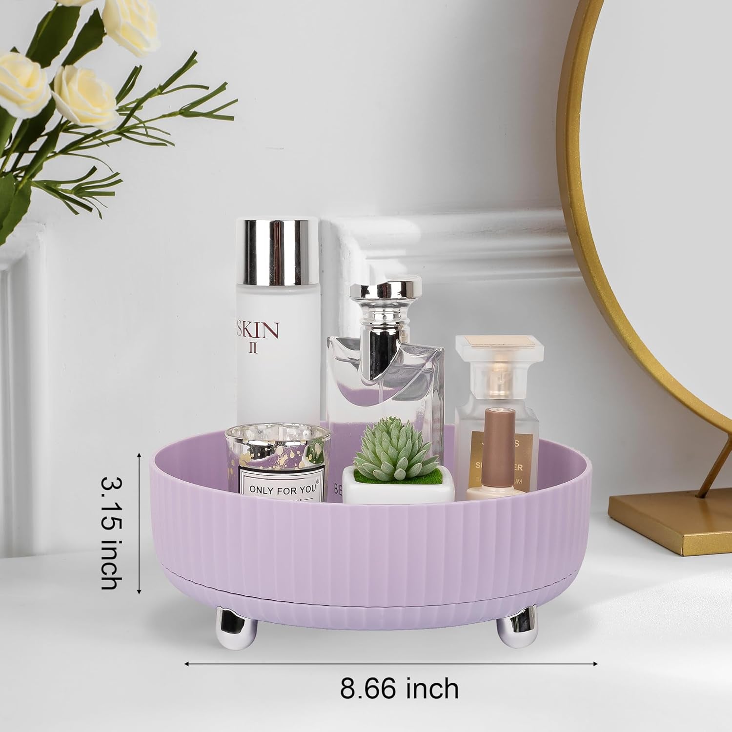 Makeup Perfume Organizer Tray 360 Degree Rotating Lazy Susan Skincare Lotion Organizer Spinning Cosmetics Storage for Dresser, Vanity, Bathroom Countertop, Small Purple