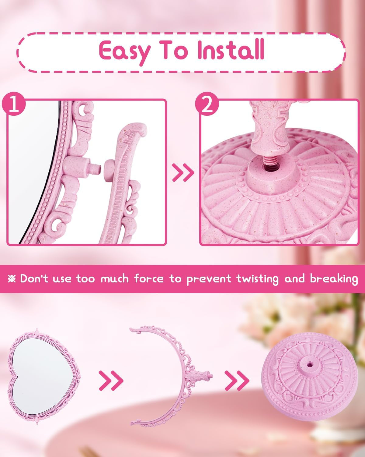 7-Inch Dual-Sided Swivel Vanity Makeup Mirror with 3X Magnification, Decorative Framed European Style, Oval Pink Heart-Shaped Design for Bathroom and Dressing Table
