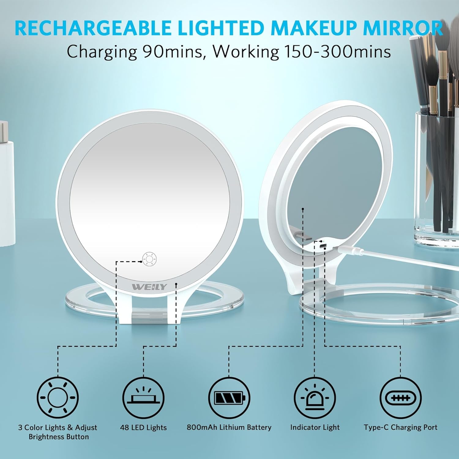 Illuminated Double-Sided Makeup Mirror with 10X/1X Magnification, Touch Control, Rechargeable, and Three Color Light Options for Travel and Home Use