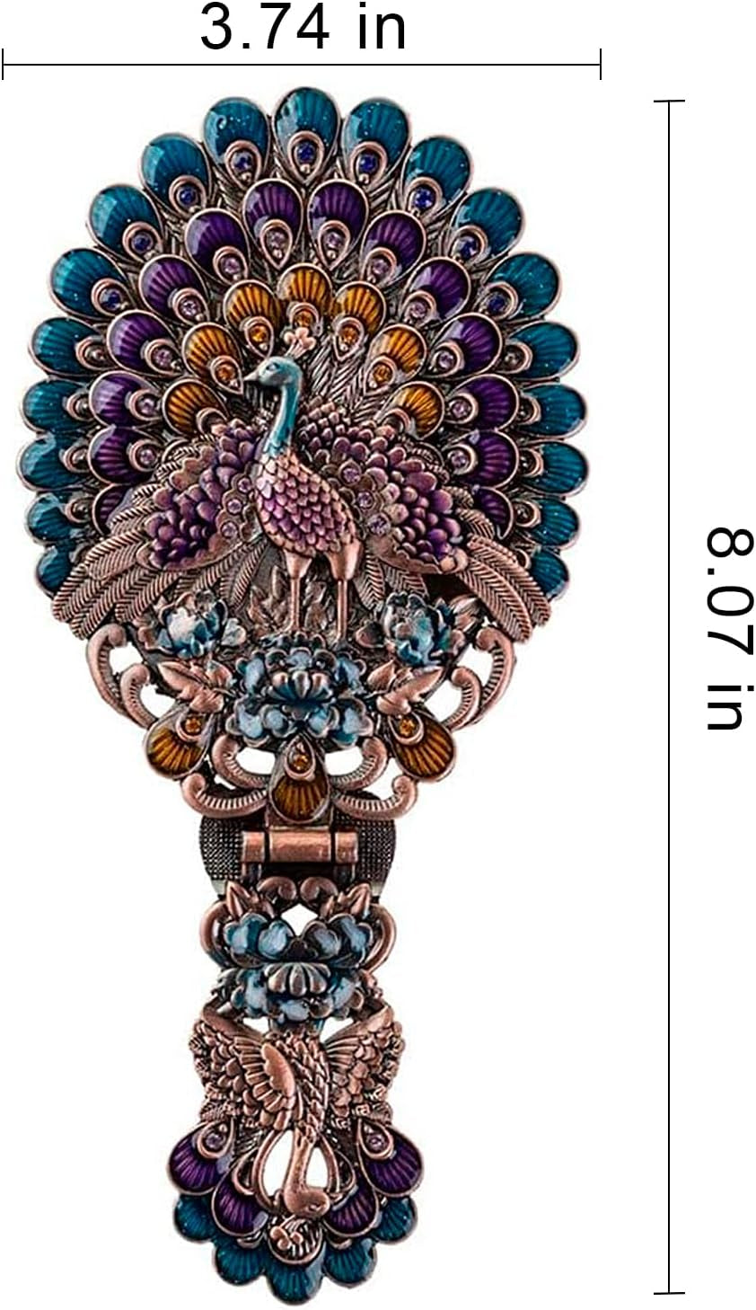 Antique-Style Foldable Metal Phoenix Cosmetic Mirror with Peacock Design - Portable Copper Vanity Mirror with Handle