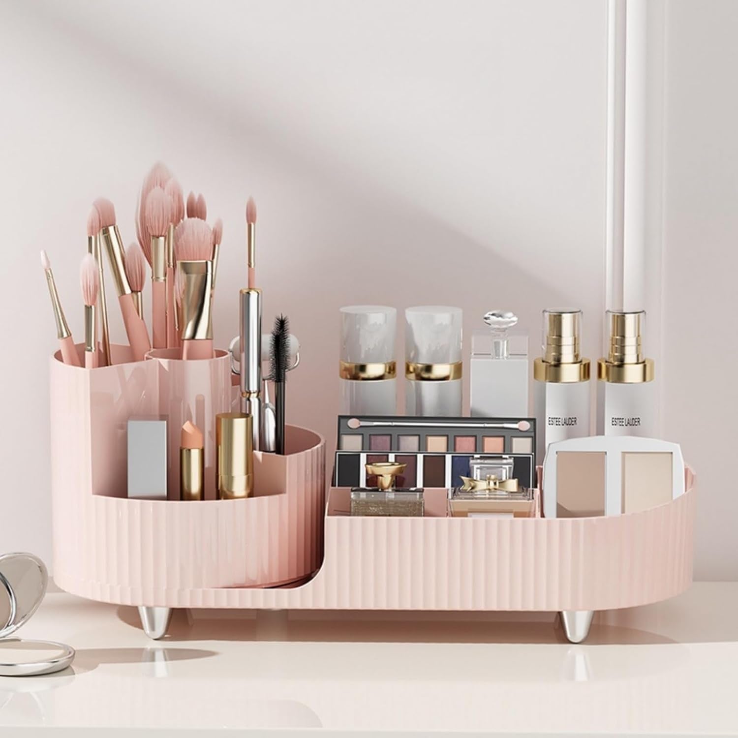 Large Capacity Rotating Makeup Organizer - Elegant Cosmetic Display Case for Makeup Brushes, Lipsticks, and Skincare Products (Pink)