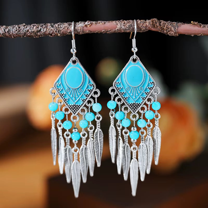 Vintage Ethnic Crystal Drop Oil Dangle Earrings for Women Retro Rhombus Leaf Tassel Earrings Female Vacation Style Jewelry