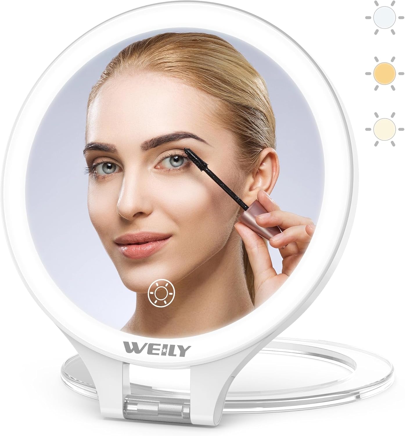 Illuminated Double-Sided Makeup Mirror with 10X/1X Magnification, Touch Control, Rechargeable, and Three Color Light Options for Travel and Home Use