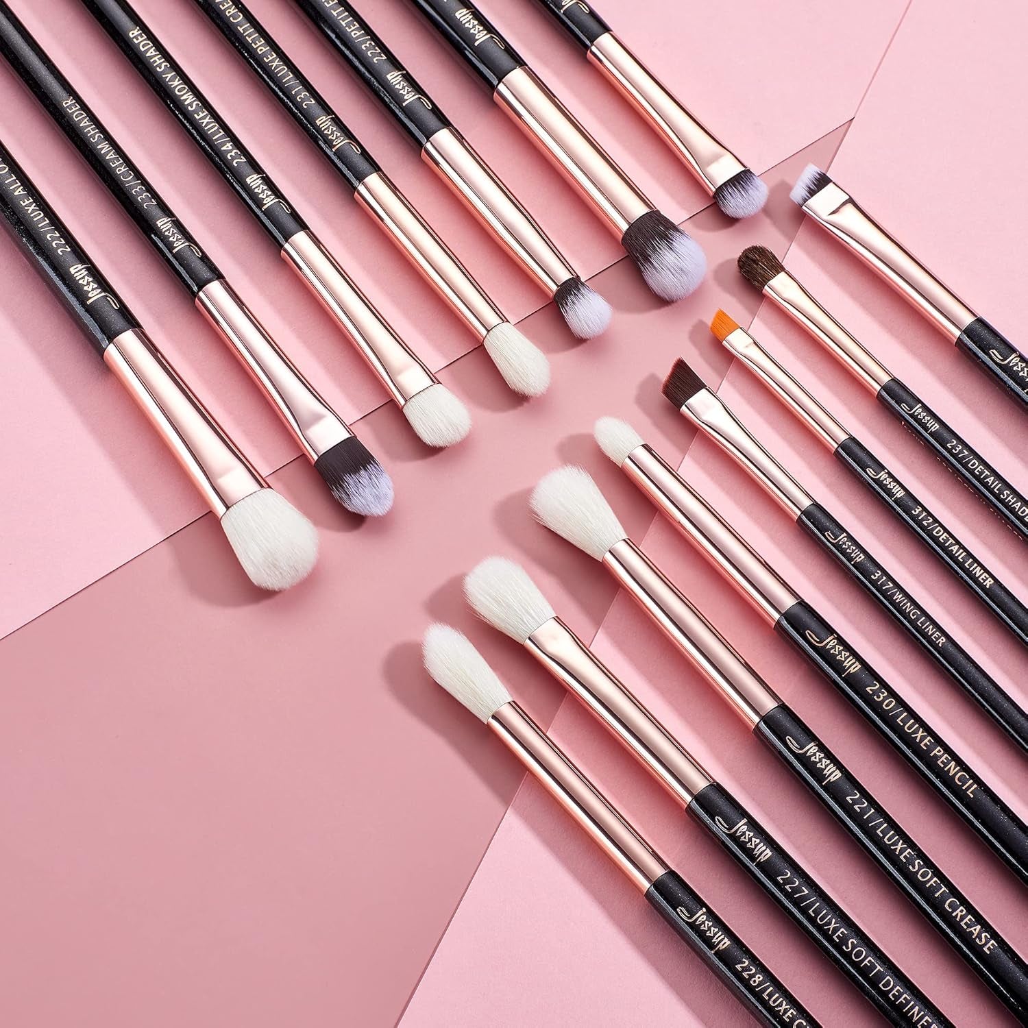 15-Piece Professional Makeup Brush Set with Wood Handles and Natural-Synthetic Hair, Pearl Black/Rose Gold, T157