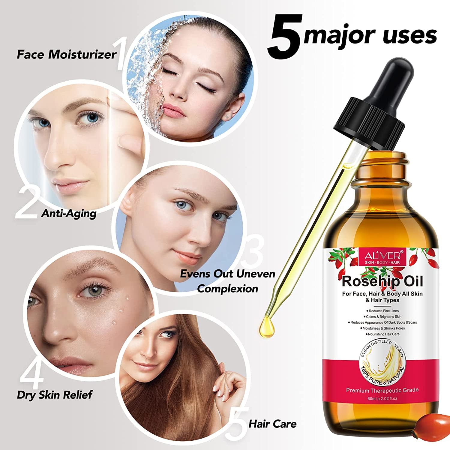 Organic Rosehip Oil for Face (2.02 Fl. Oz) - 100% Pure Cold Pressed Rosehip Seed Oil, Anti-Aging Moisturizer, Skin and Nail Treatment, Nourishing Hair Care