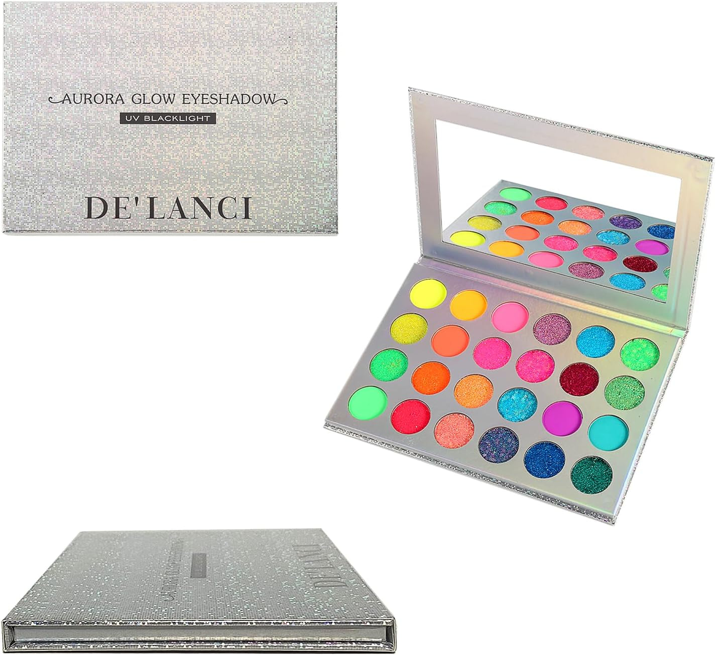 Neon Glow Eyeshadow Palette - Highly Pigmented UV Blacklight Eye Shadow Collection with Pressed Glitter in Red, Orange, and Pink