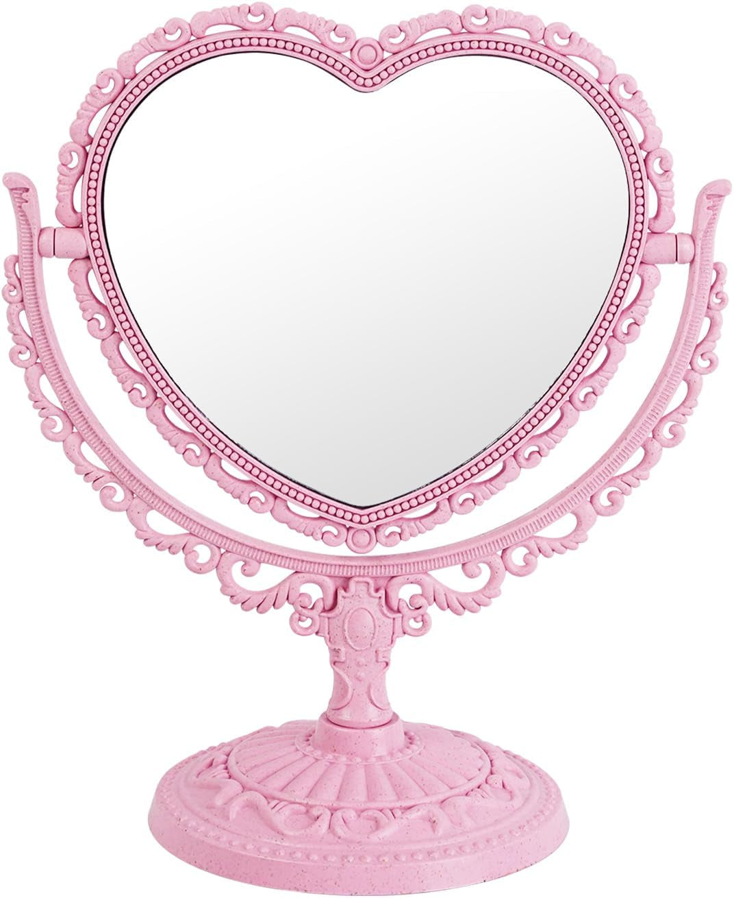 7-Inch Dual-Sided Swivel Vanity Makeup Mirror with 3X Magnification, Decorative Framed European Style, Oval Pink Heart-Shaped Design for Bathroom and Dressing Table