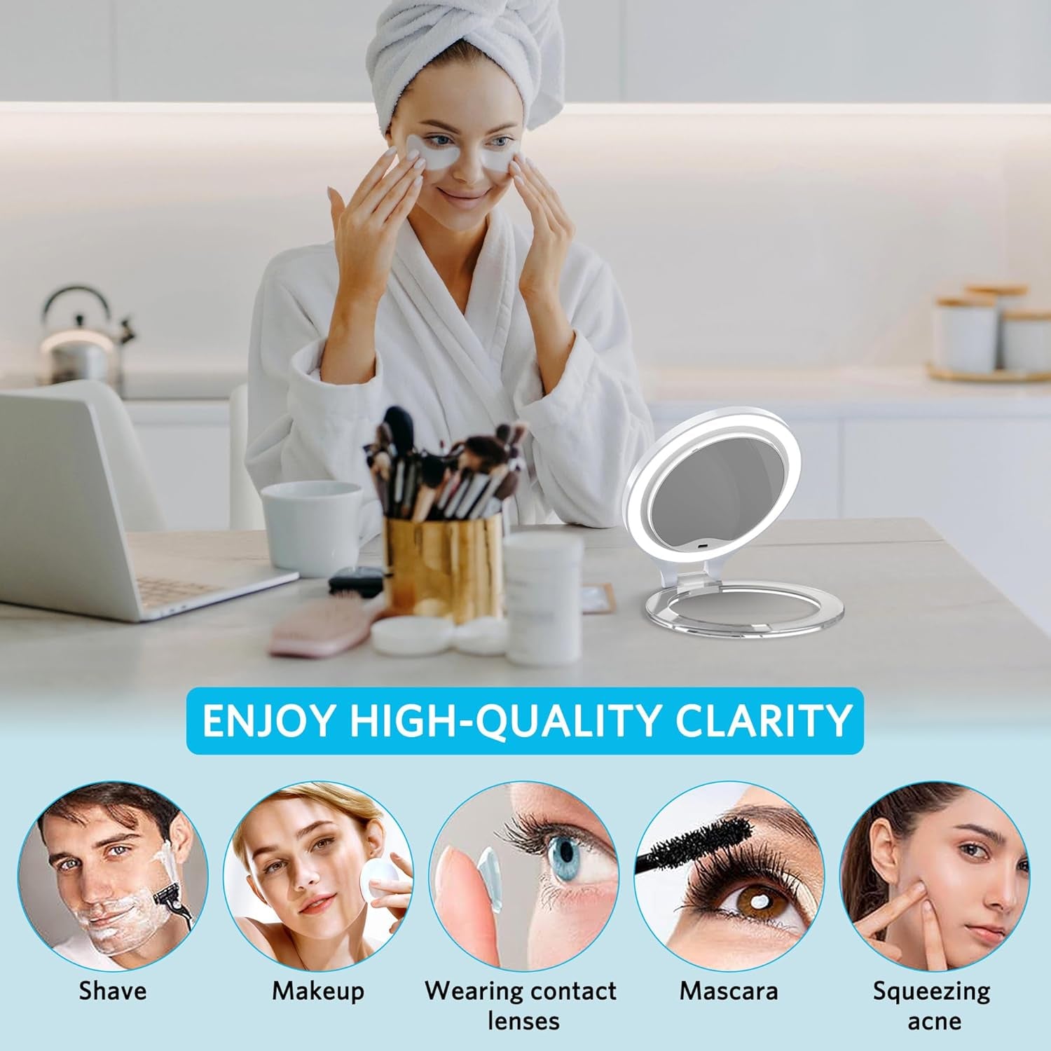 Illuminated Double-Sided Makeup Mirror with 10X/1X Magnification, Touch Control, Rechargeable, and Three Color Light Options for Travel and Home Use