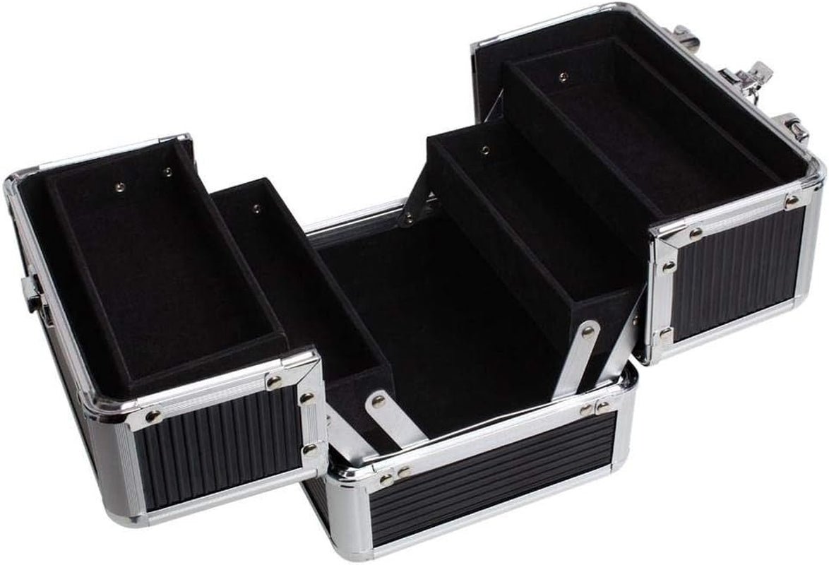 Aluminium Makeup Case with 4 Fold-Out Trays, Spacious Bottom Compartment, and Carry Handle - Black - Compact Size