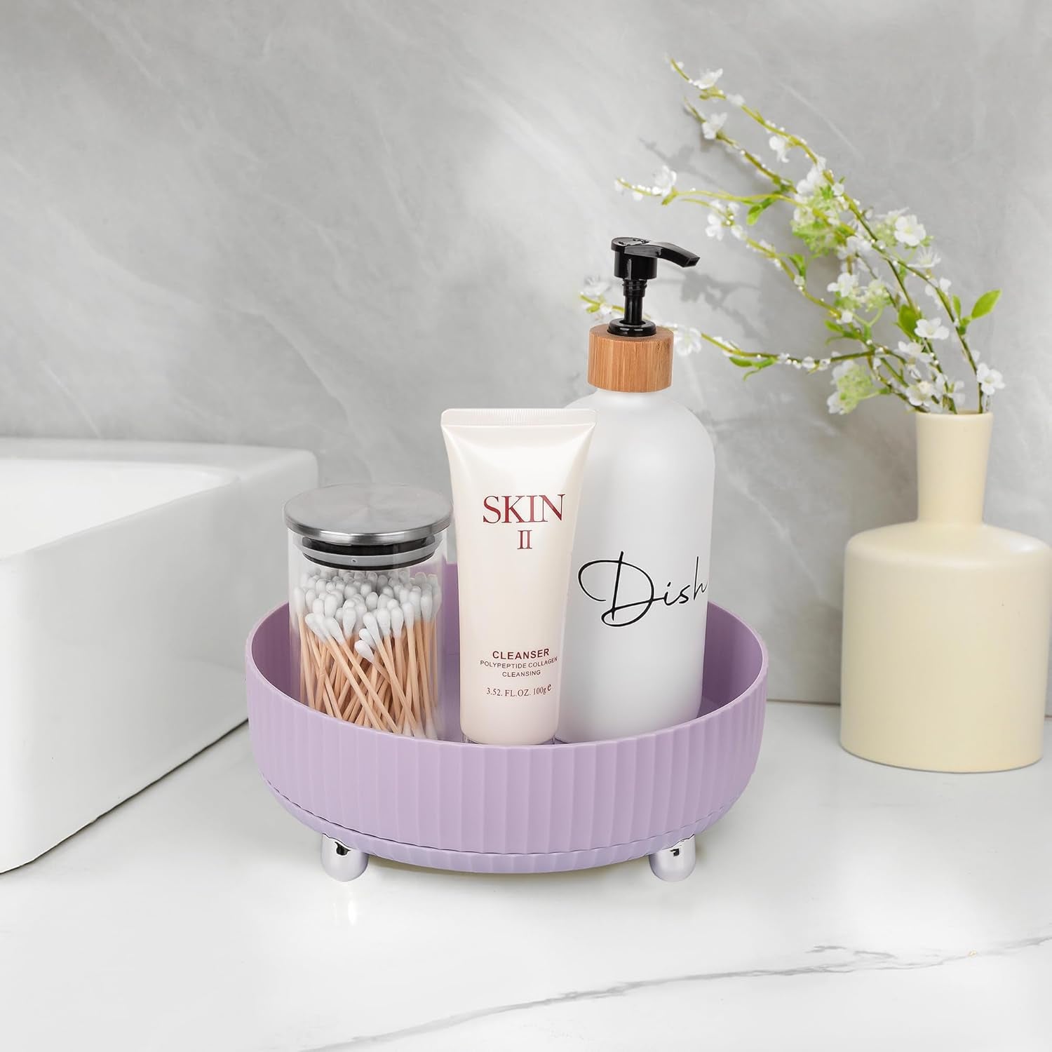 Makeup Perfume Organizer Tray 360 Degree Rotating Lazy Susan Skincare Lotion Organizer Spinning Cosmetics Storage for Dresser, Vanity, Bathroom Countertop, Small Purple