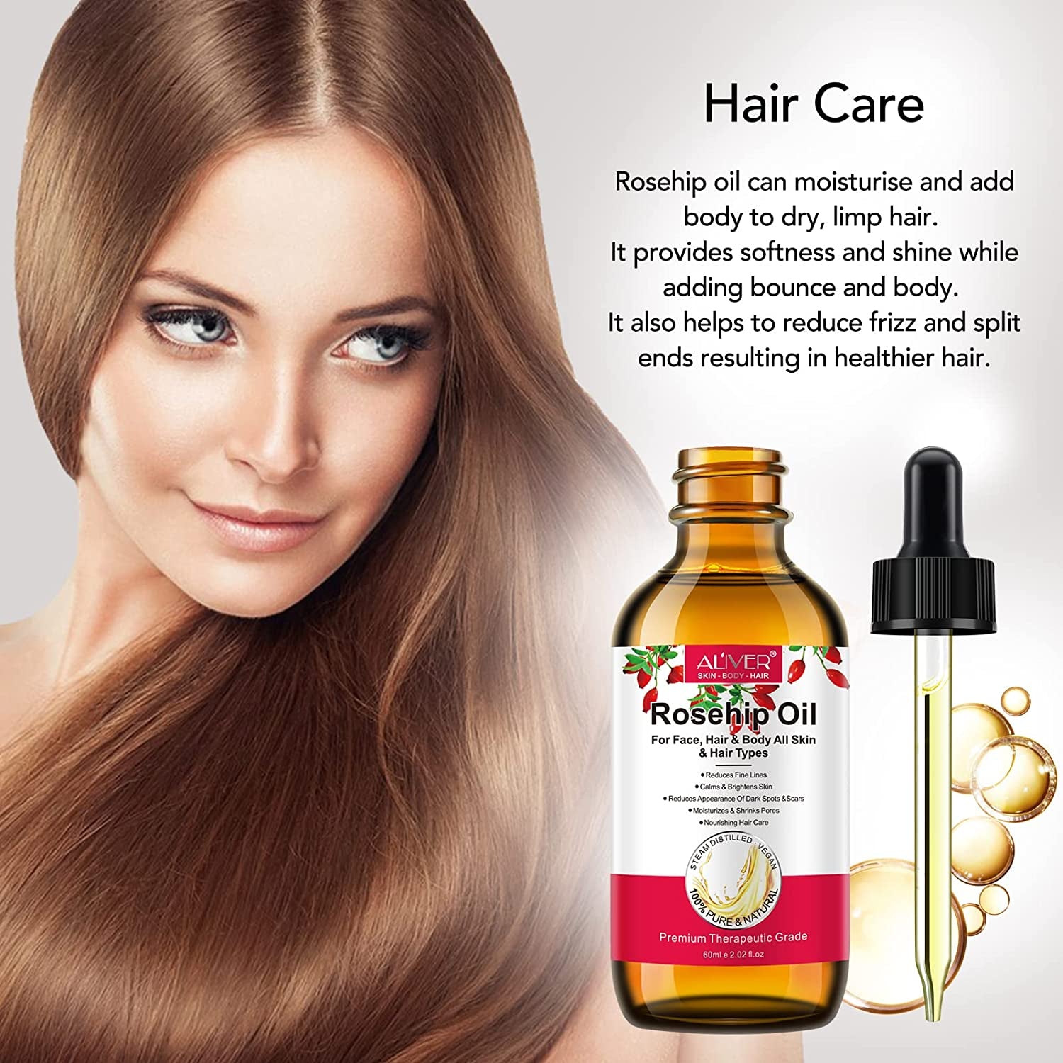 Organic Rosehip Oil for Face (2.02 Fl. Oz) - 100% Pure Cold Pressed Rosehip Seed Oil, Anti-Aging Moisturizer, Skin and Nail Treatment, Nourishing Hair Care
