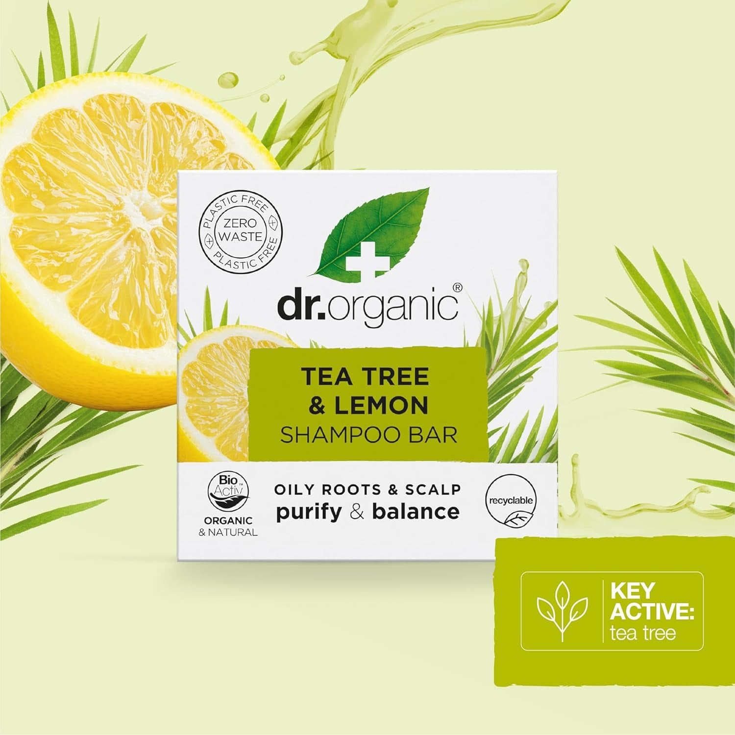 Dr Organic Tea Tree & Lemon Shampoo Bar - Purifying Formula for Oily Roots and Scalps, Plastic-Free, Natural, Vegan, Cruelty-Free, Paraben and SLS-Free, Organic, 75g
