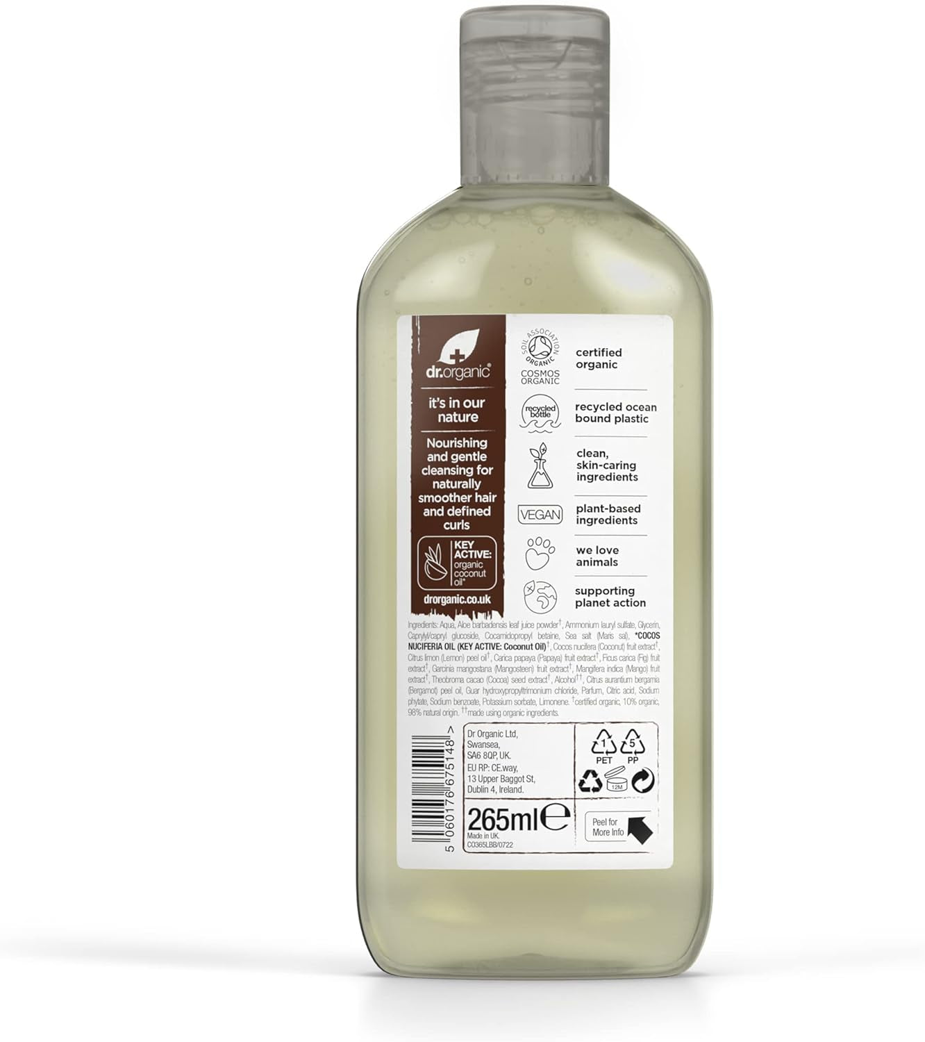 Dr Organic Coconut Oil Shampoo for Hydration - Suitable for Normal and Dry Hair, Unisex, Natural, Vegan, Cruelty-Free, Paraben and SLS-Free, Organic, 265ml (Packaging May Vary)