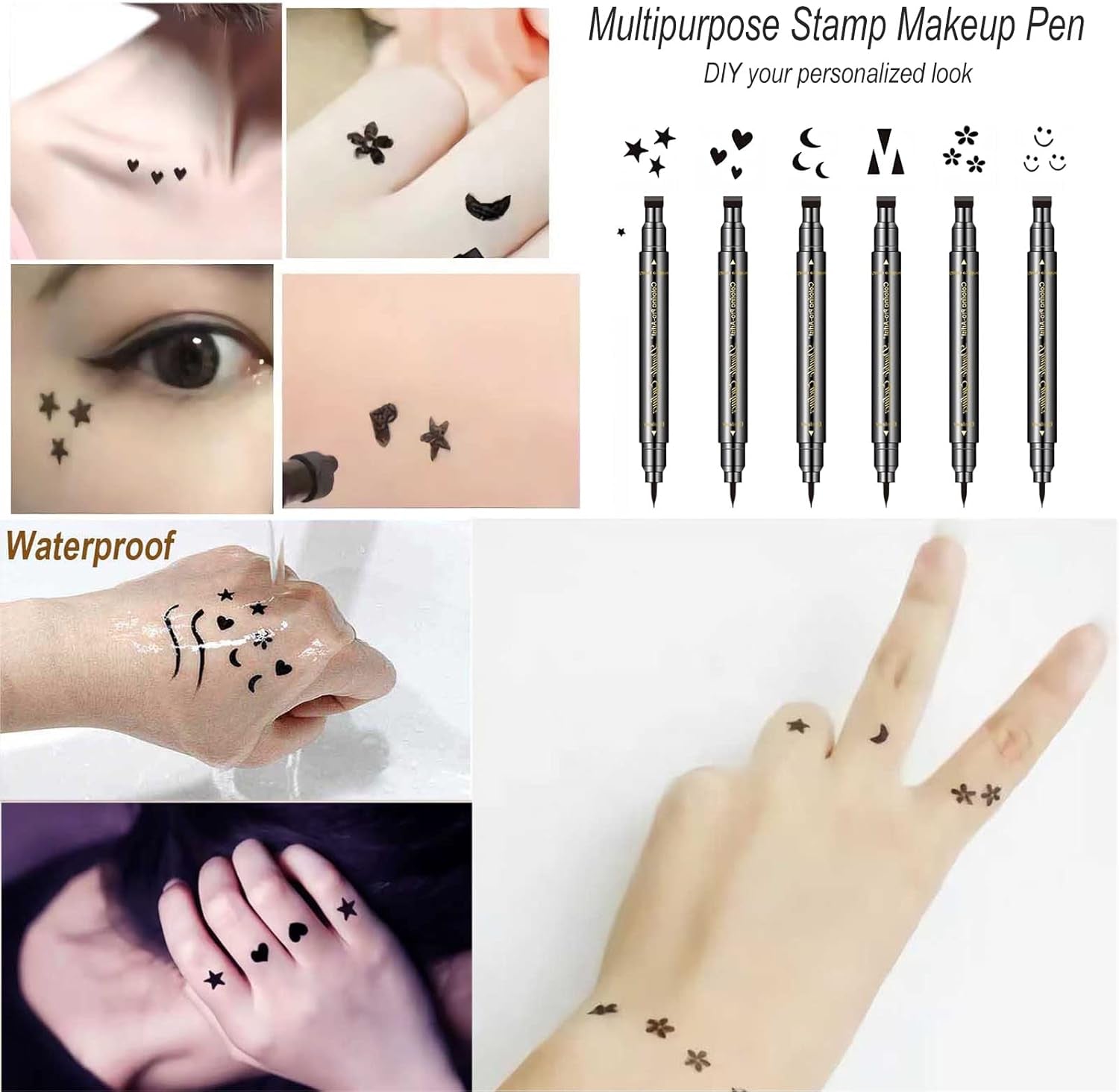 6-Piece Double-Headed Eyeliner Stamp Set - Black Liquid Eyeliner Pens with Star, Moon, Heart, Flower, Smiley, and Triangle Stencils for Women - Long-Lasting, Waterproof, and Smudge-Proof Makeup Kit