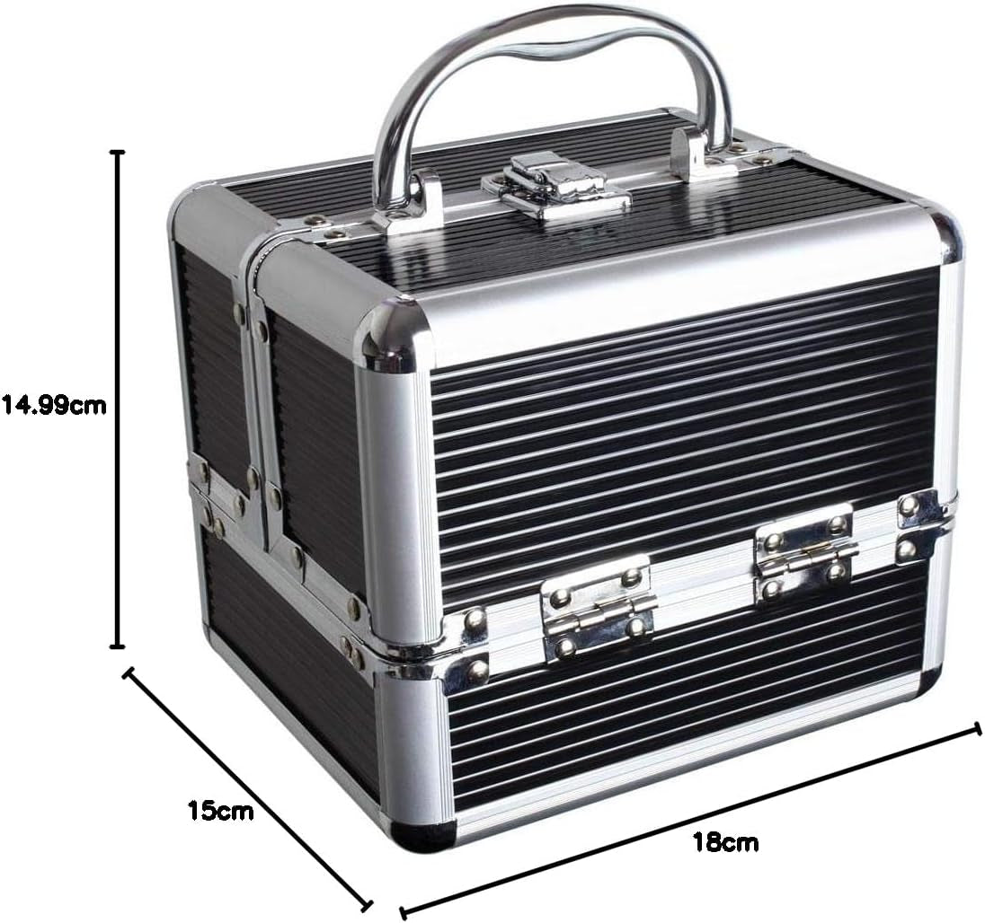 Aluminium Makeup Case with 4 Fold-Out Trays, Spacious Bottom Compartment, and Carry Handle - Black - Compact Size