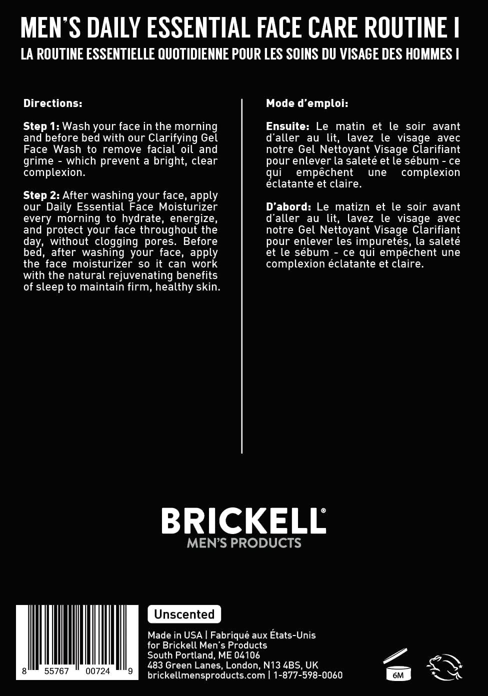 Brickell Men's Daily Essential Face Care Routine: Gel Facial Cleanser and Moisturizer, Natural and Organic, Unscented