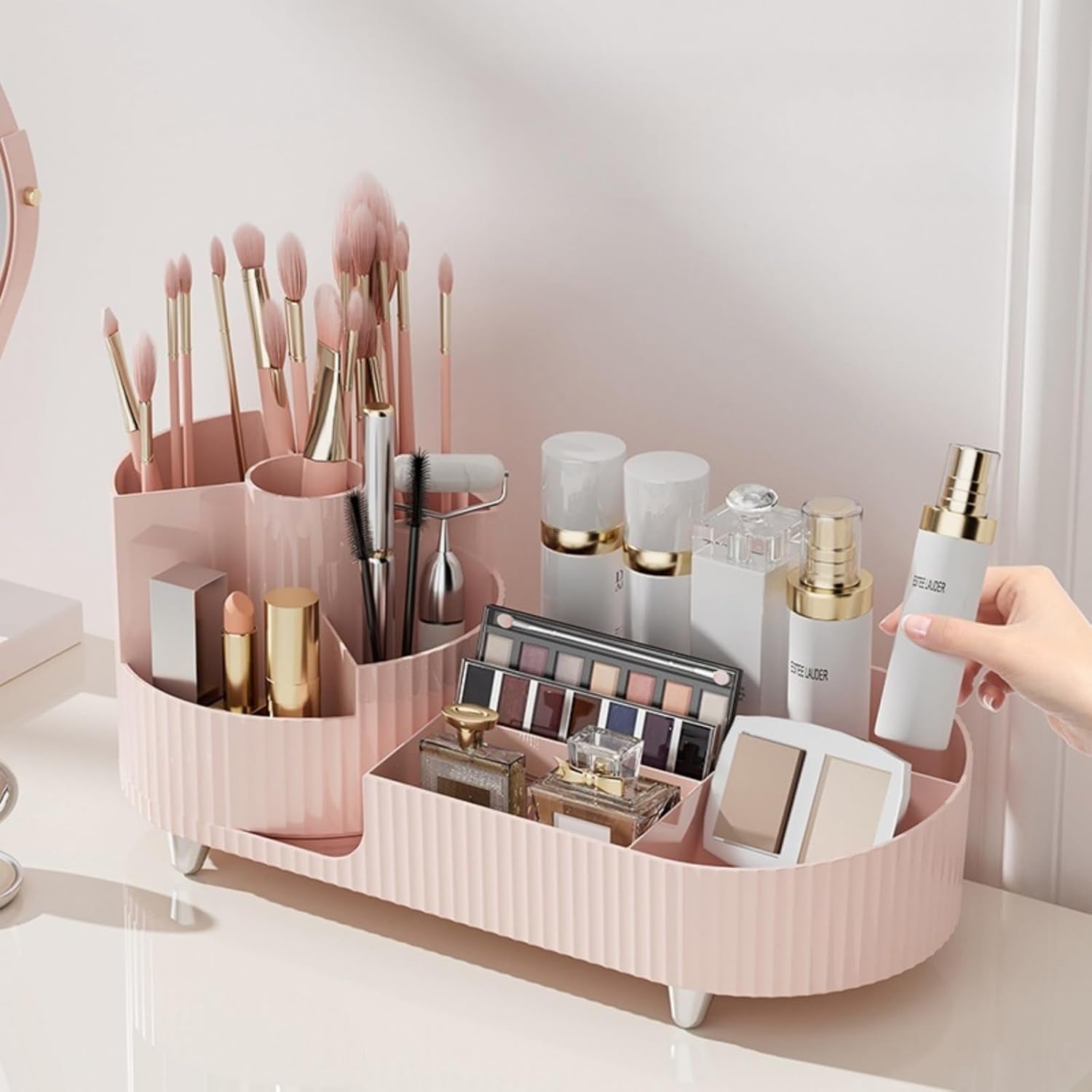 Large Capacity Rotating Makeup Organizer - Elegant Cosmetic Display Case for Makeup Brushes, Lipsticks, and Skincare Products (Pink)