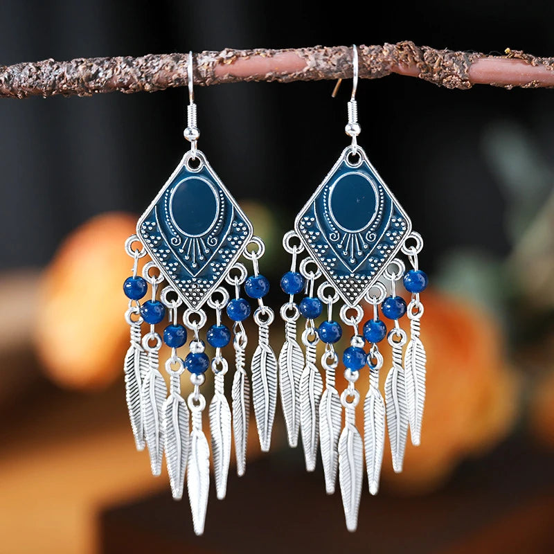 Vintage Ethnic Crystal Drop Oil Dangle Earrings for Women Retro Rhombus Leaf Tassel Earrings Female Vacation Style Jewelry