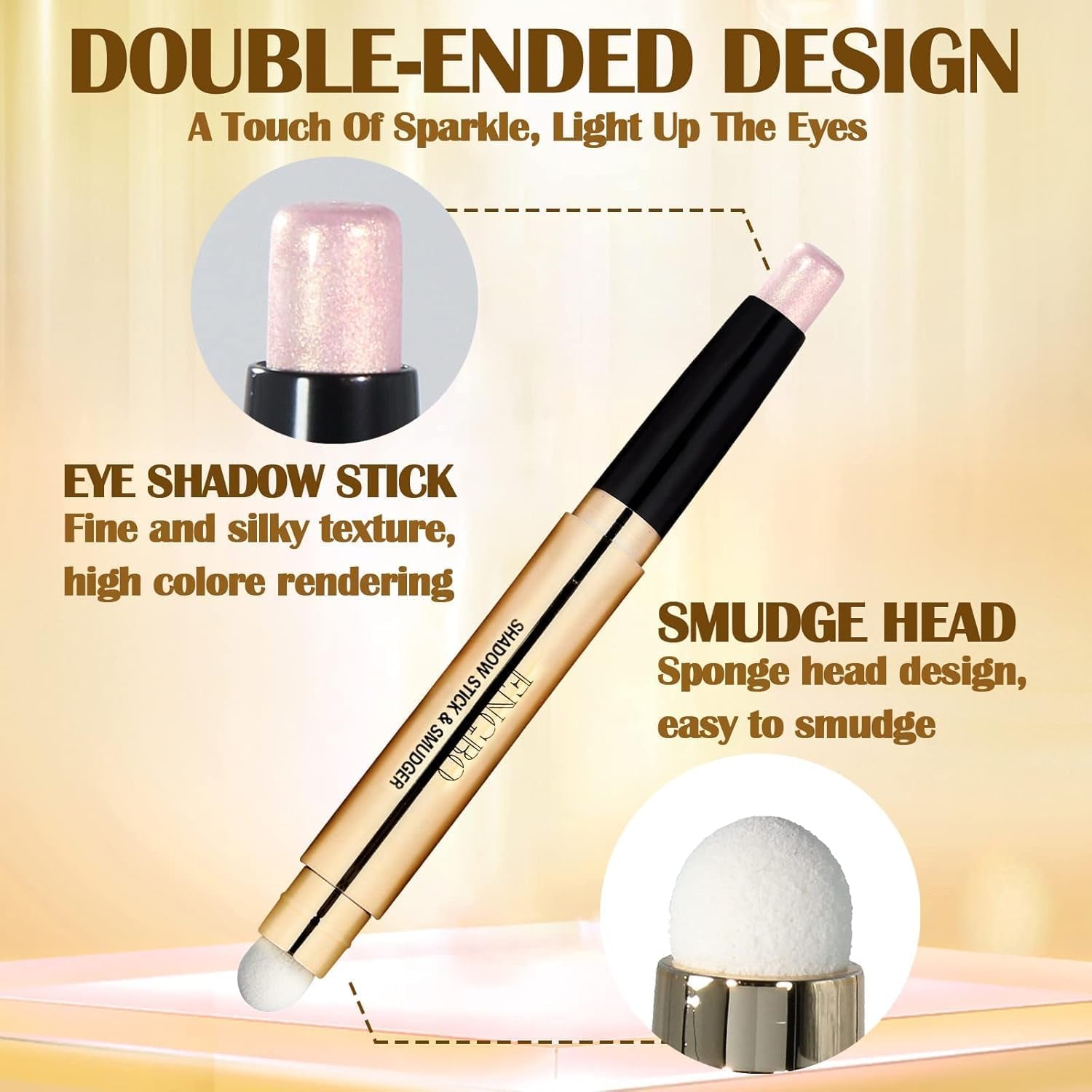Dual-End Shimmer Eyeshadow Stick with Soft Brush - Waterproof and Long-Lasting Pearl Eyeshadow Pencil in Light Gold Shimmer (02)