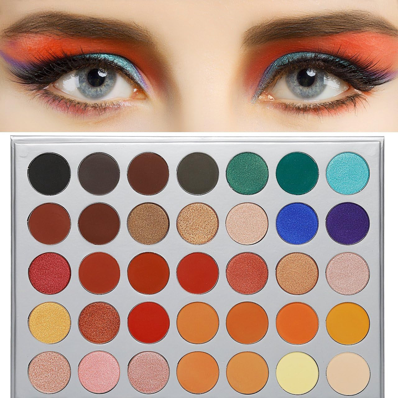 Valuemakers 35-Color Highly Pigmented Eyeshadow Palette - Matte and Shimmer Finish in Vibrant Green, Red, Gold, Pink, Nude, Yellow, and Blue Tones - Vegan Formula