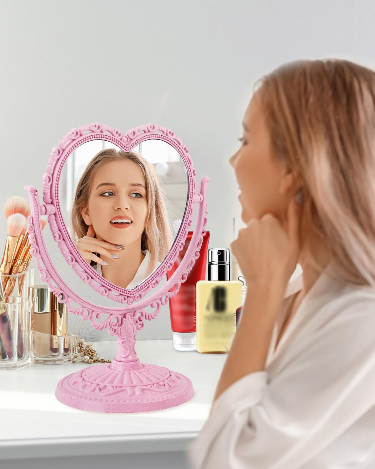 7-Inch Dual-Sided Swivel Vanity Makeup Mirror with 3X Magnification, Decorative Framed European Style, Oval Pink Heart-Shaped Design for Bathroom and Dressing Table