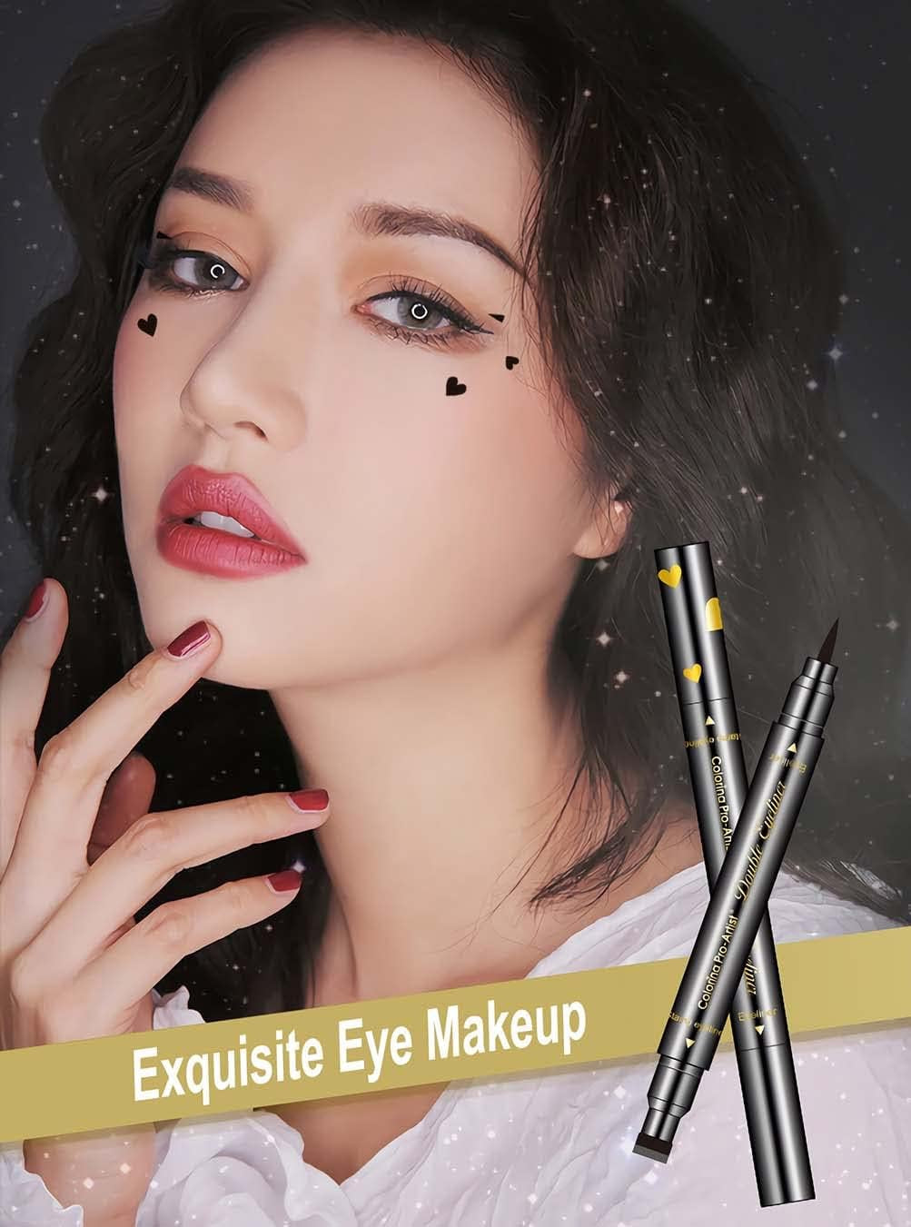 6-Piece Double-Headed Eyeliner Stamp Set - Black Liquid Eyeliner Pens with Star, Moon, Heart, Flower, Smiley, and Triangle Stencils for Women - Long-Lasting, Waterproof, and Smudge-Proof Makeup Kit